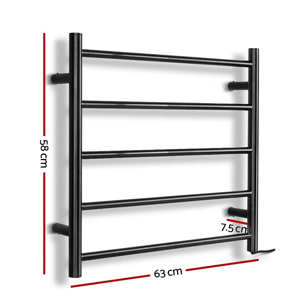 2 Devanti Electric Heated Towel Rail Rack 5 Bars Wall Mounted Clothes Dry - Black, 2 of 7