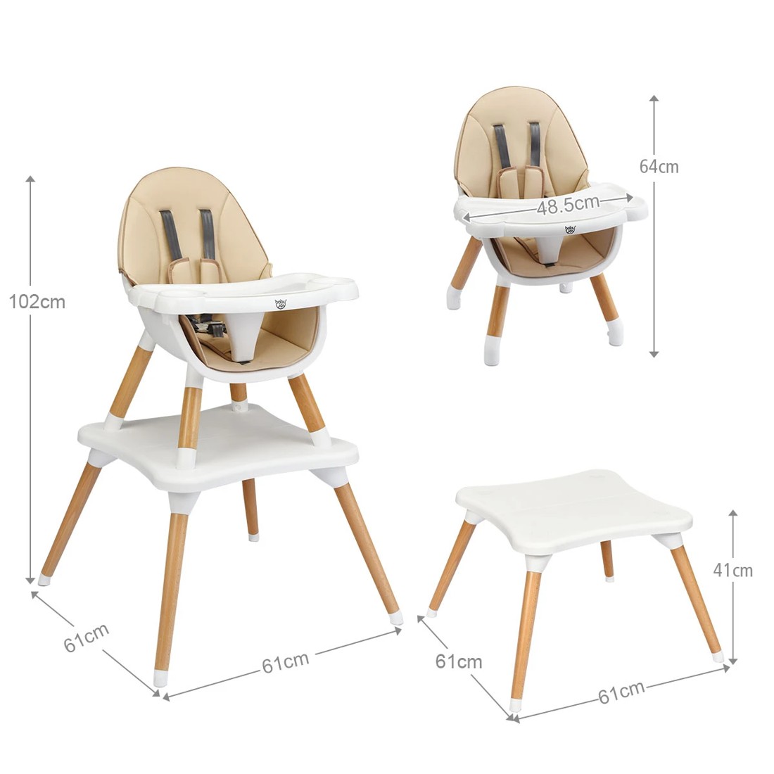 2 Costway Convertible Baby High Chair Wooden Khaki, 2 of 2