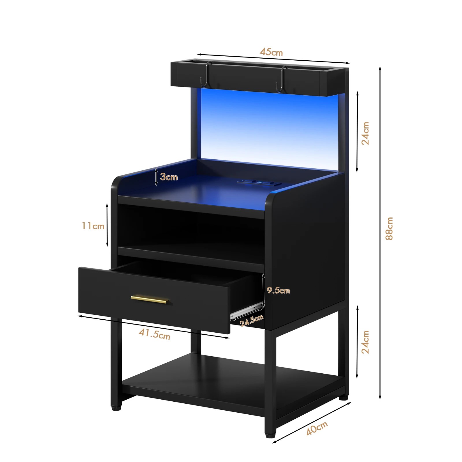 3 Advwin Bedside Table with Charging Station LED Lights Drawer and Open Storage Shelves - Black, 3 of 10