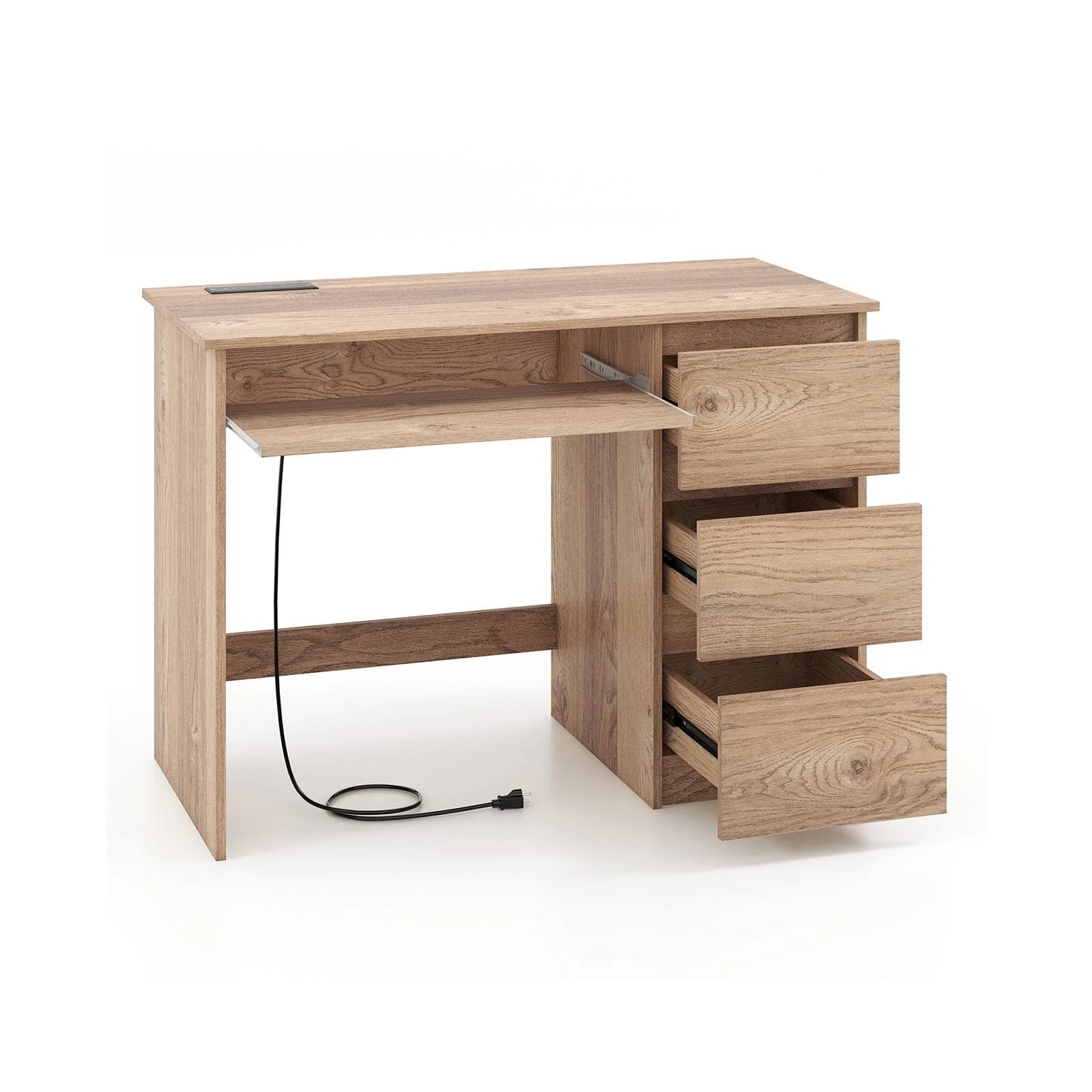 1 Costway Computer Desk w/Power Outlet Ketboard Tray & Drawers Writing Workstation, 1 of 4