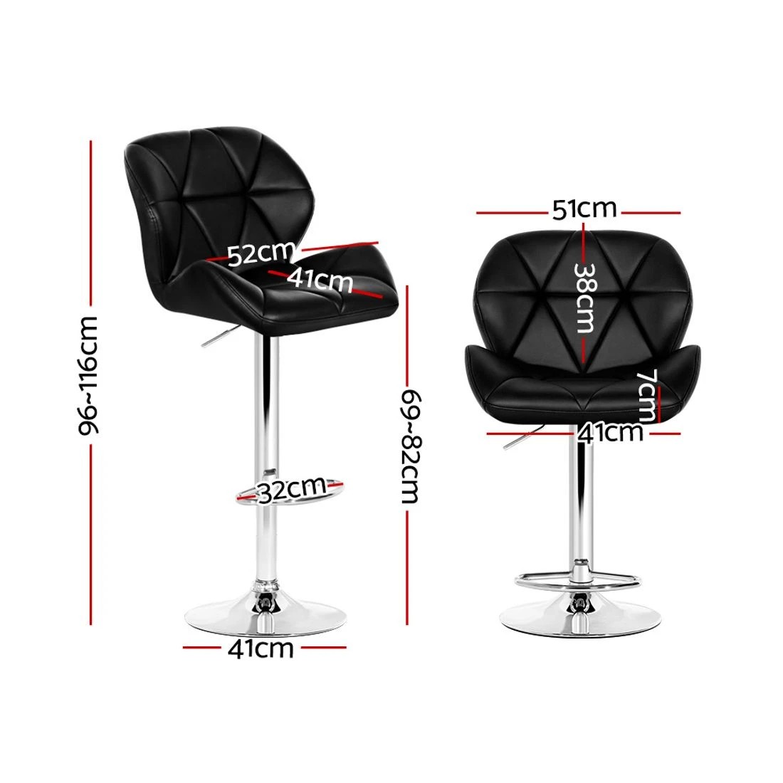 1 Artiss 2x Bar Stools Gas Lift Padded Leather - Black, 1 of 5