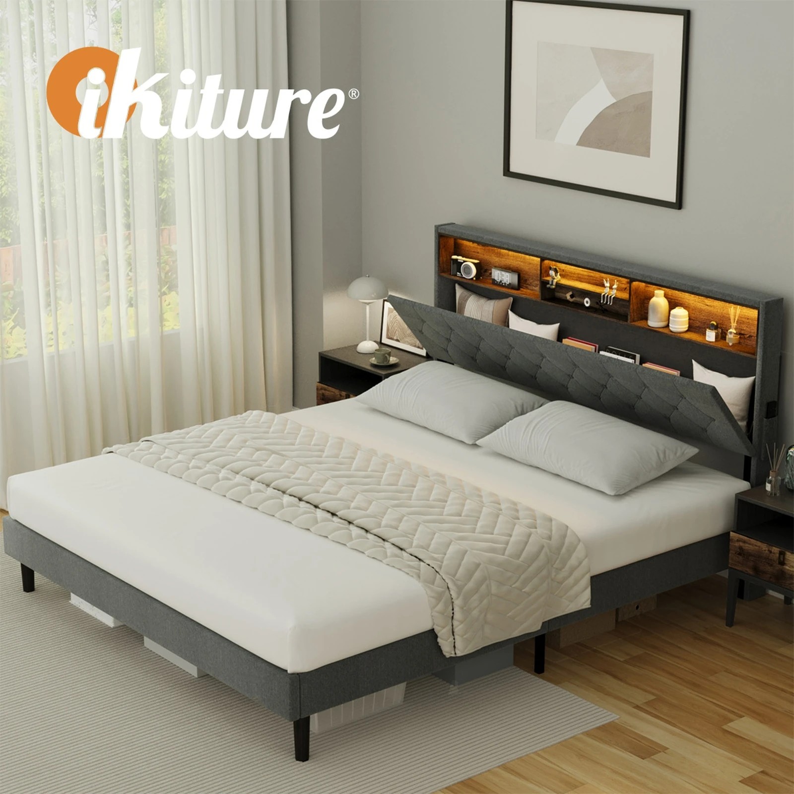 7 Oikiture King Bed With Led Storage Bedhead Bed Frame
 - Grey, 7 of 10