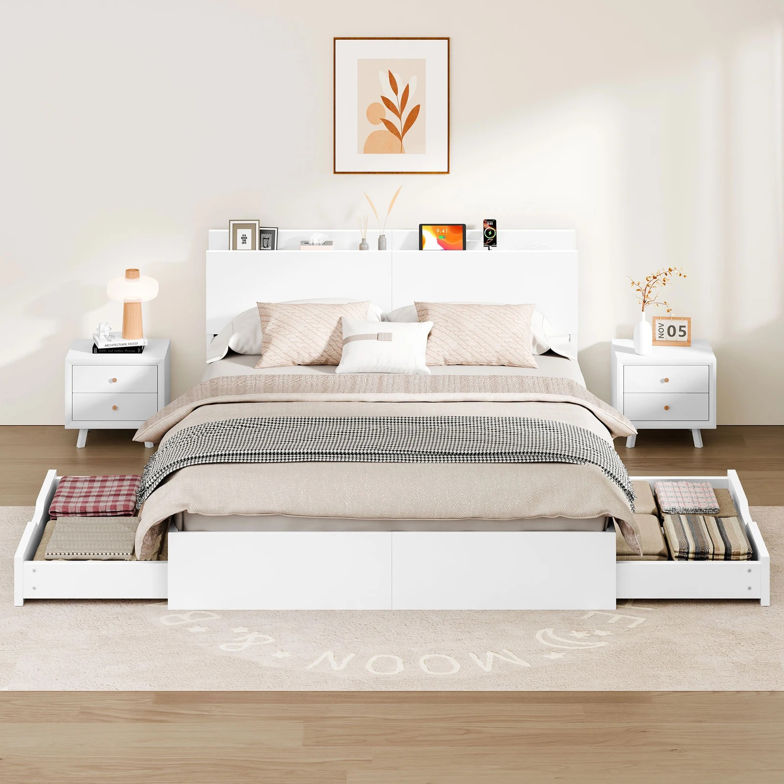3 Alfordson Wooden Bed Frame Queen Size with Charging Station & 2 Drawers - White, 3 of 10