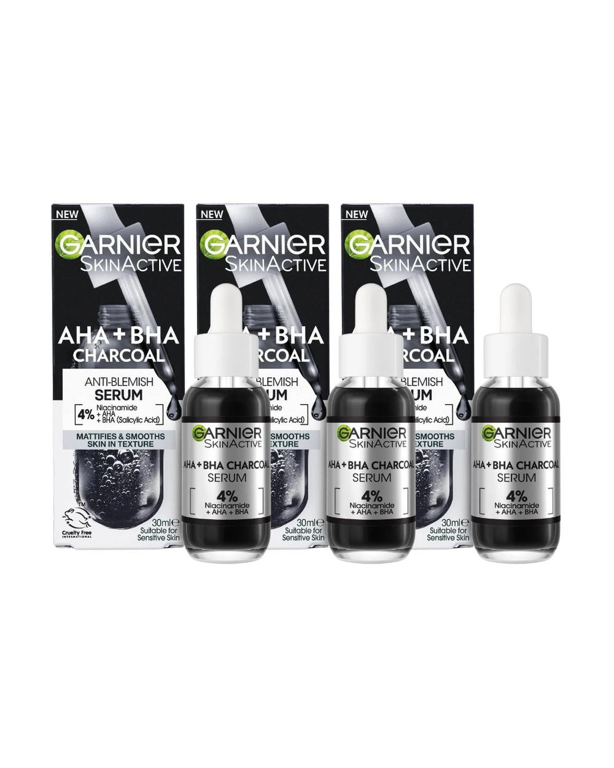 1 3 x Garnier SkinActive AHA + BHA Anti Blemish Serum with Charcoal 30mL, 1 of 8