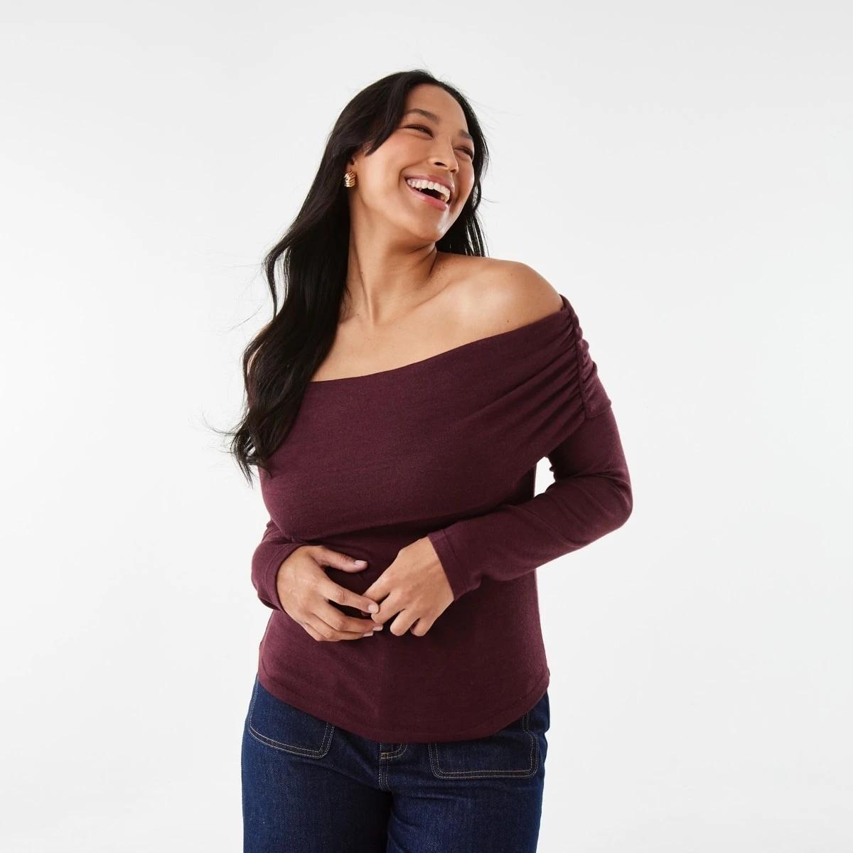 1 Long Sleeve Off Shoulder Top Burgundy, 1 of 7