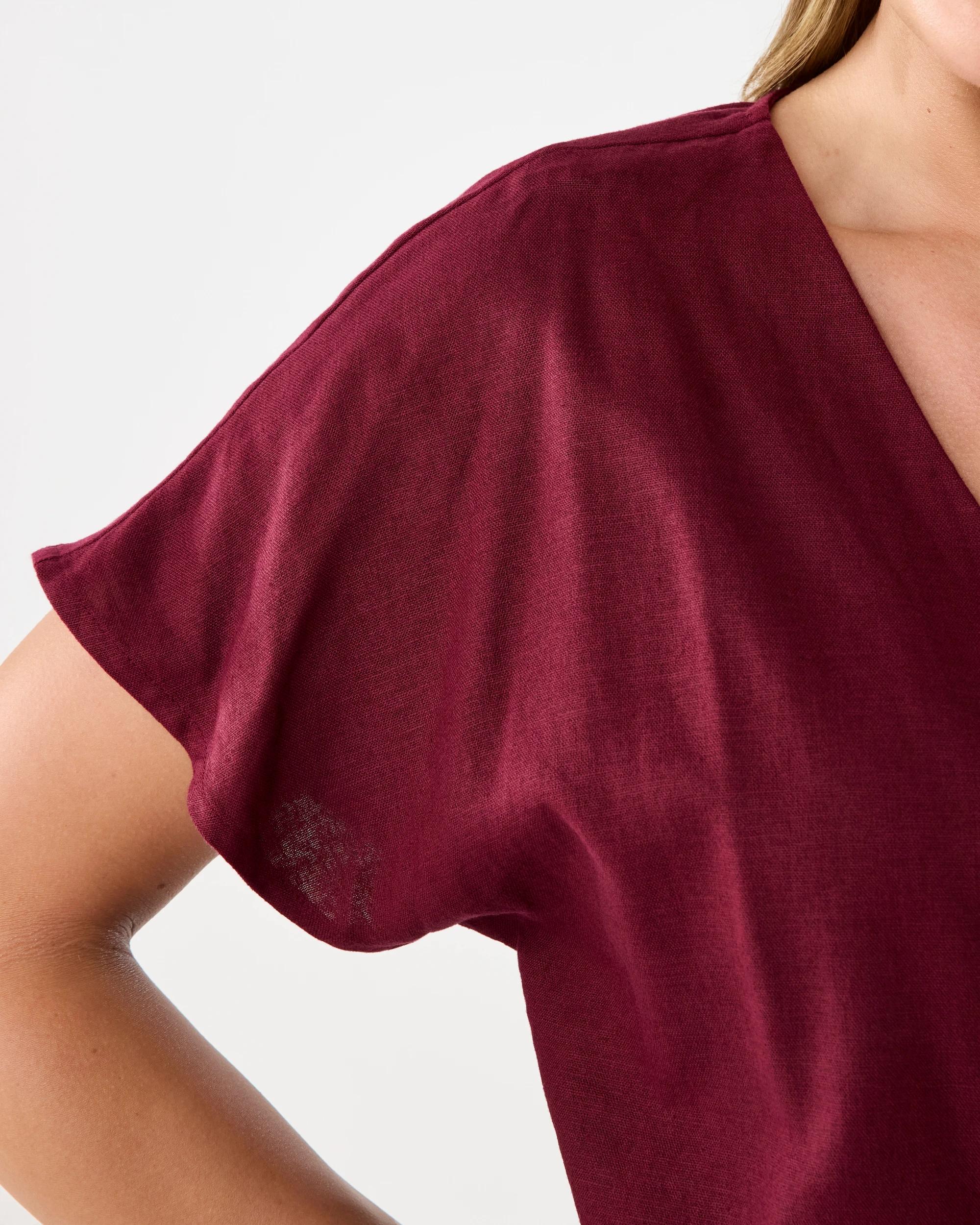 6 Short Sleeve Linen Blend Wrap Top Cran Juice, 6 of 8