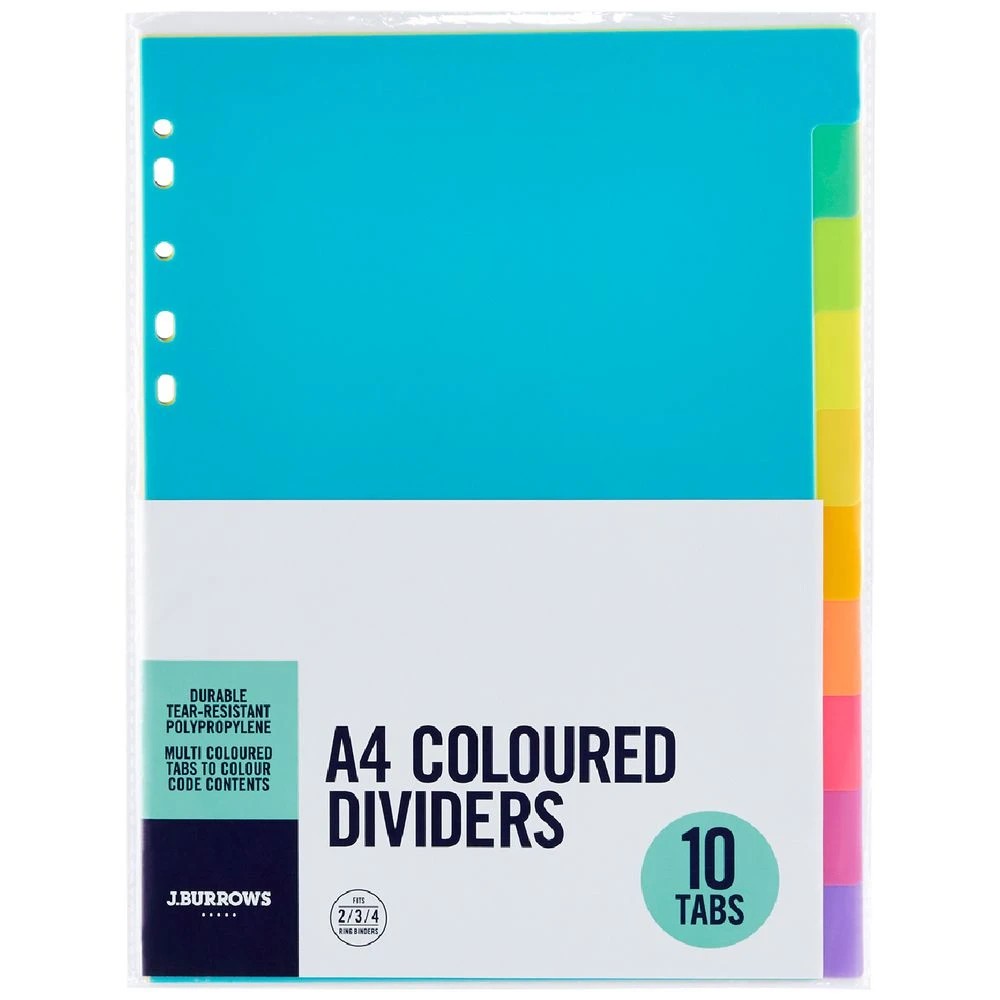 1 J.Burrows A4 10 Tab Polypropylene Divider Neon, 1 of 4