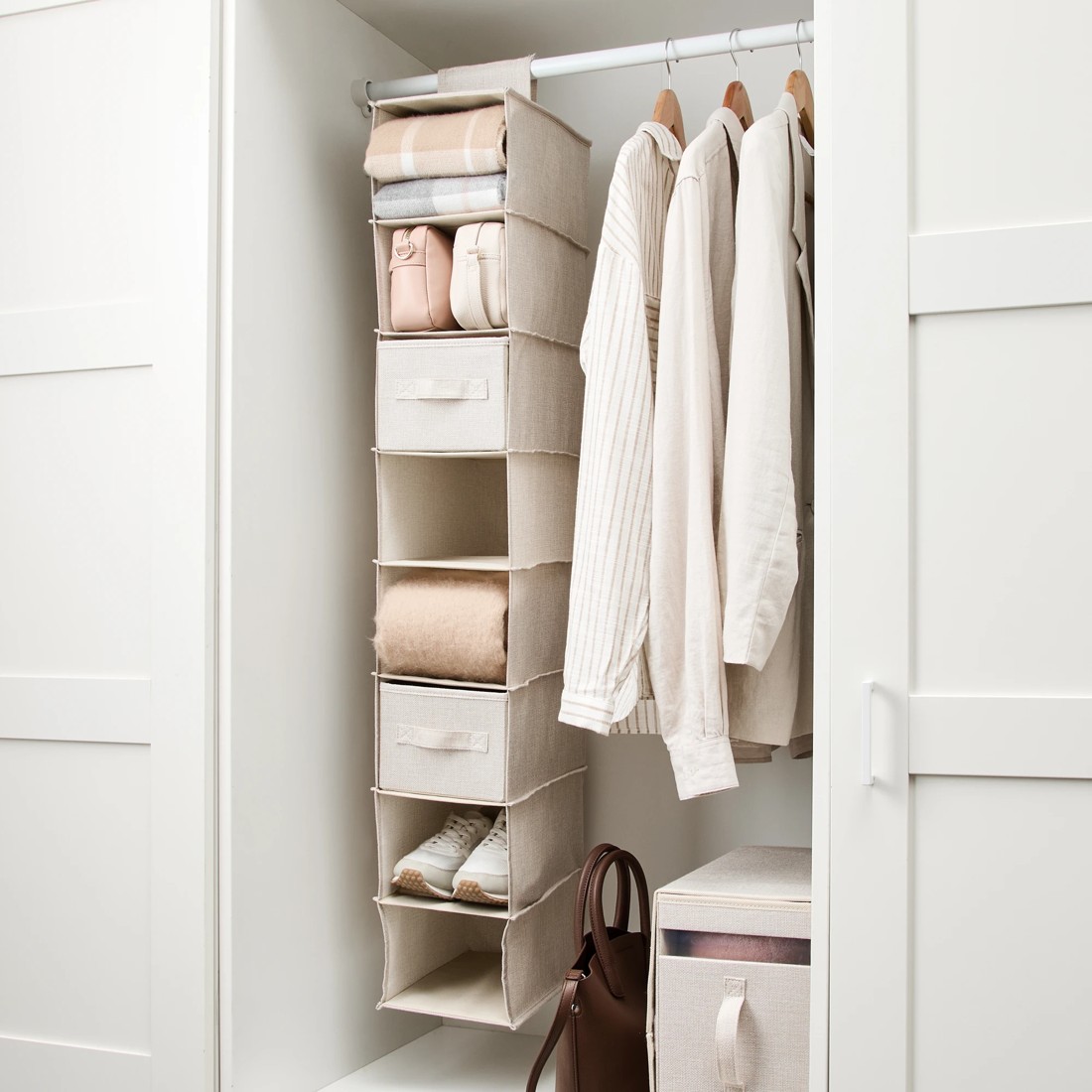 1 Linen Look Narrow Hanging Shelving with Drawers, 1 of 8