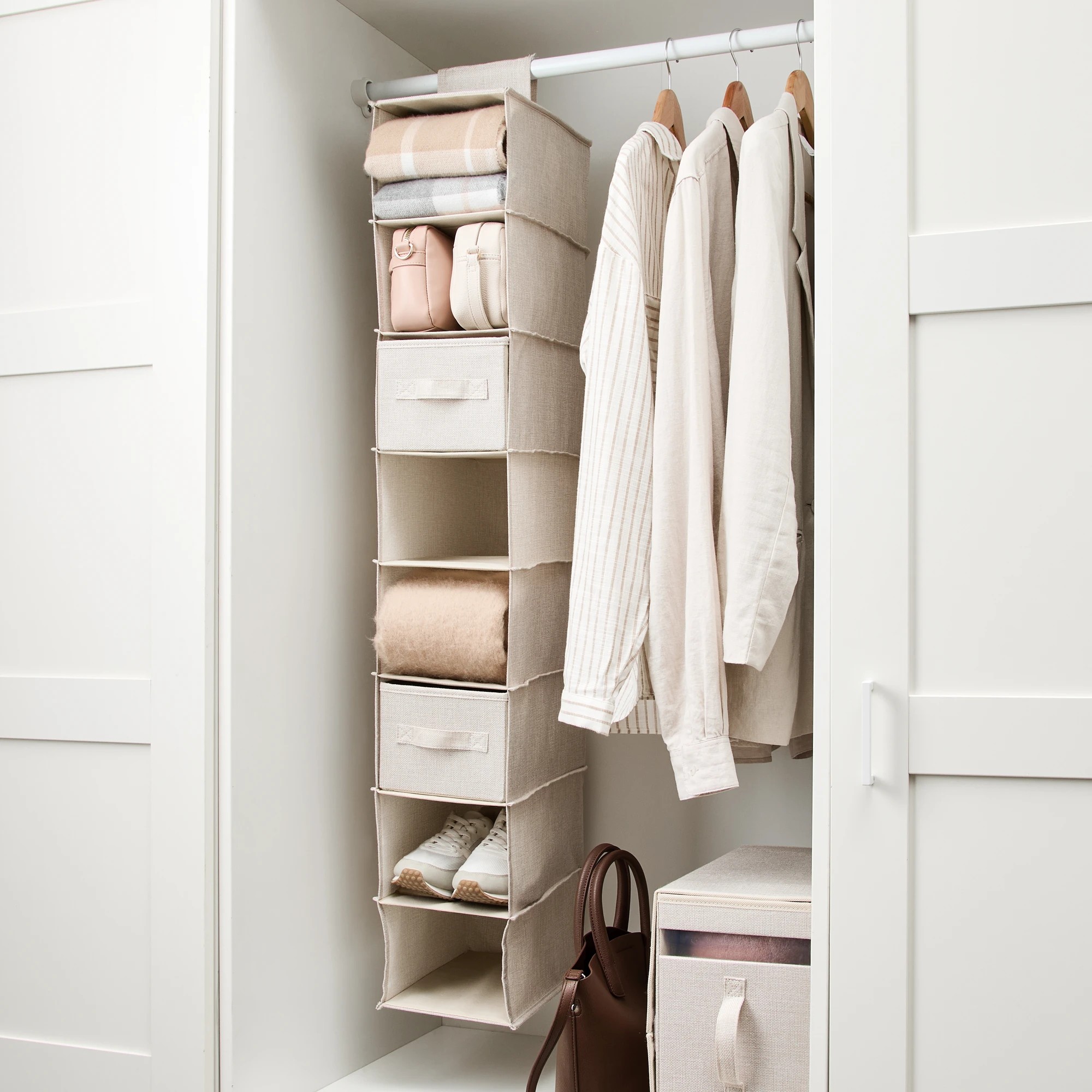 1 Linen Look Narrow Hanging Shelving with Drawers, 1 of 8