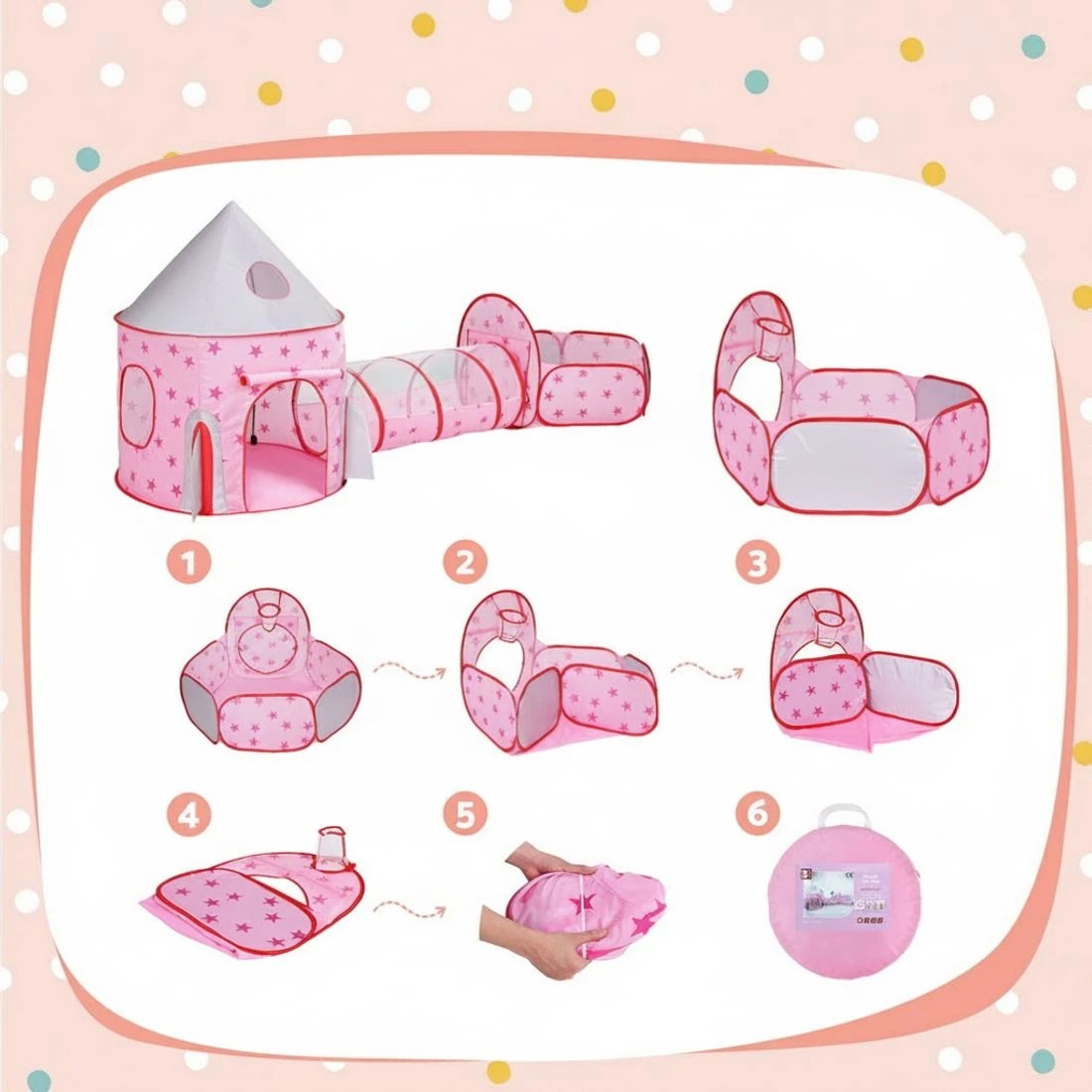 6 Keezi Kids Playhouse Play Tent Pop Up Castle Crawl Tunnel Basketball Hoop - Pink, 6 of 6