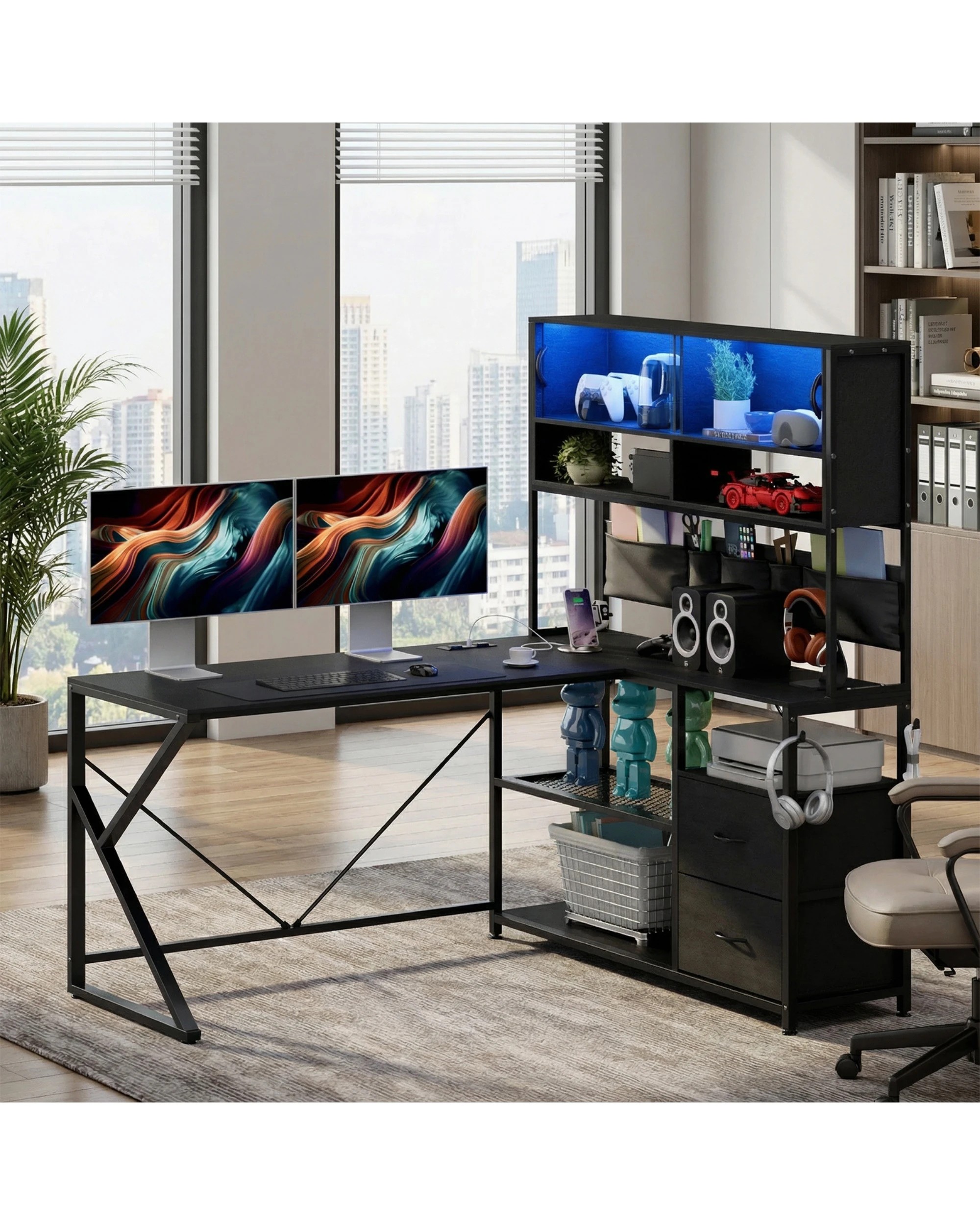 2 Advwin L Shaped Gaming Desk with LED Lights & Power Outlets Reversible 130cm Computer Desk  - Black, 2 of 9