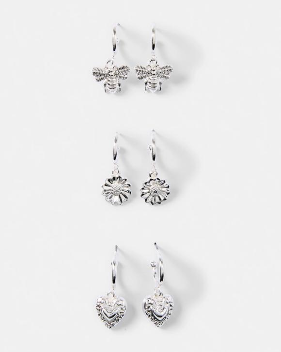 3 Pack Flower, Bee and Heart Earrings - Silver Tone