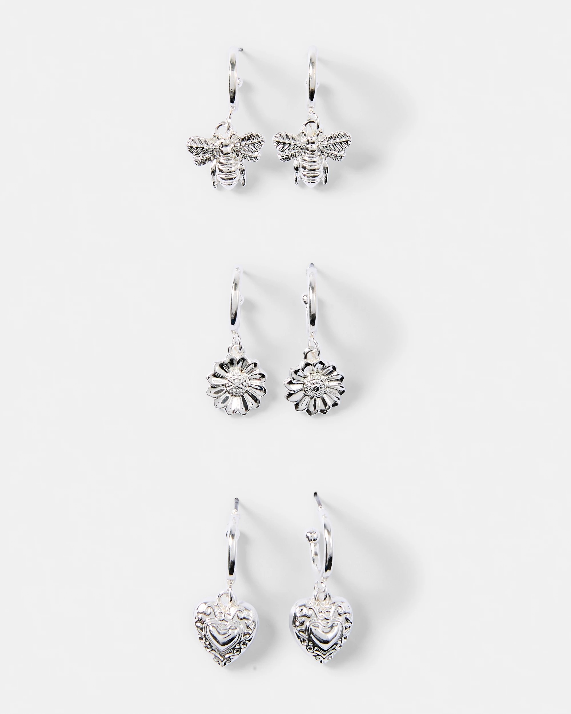 1 3 Pack Flower, Bee and Heart Earrings - Silver Tone, 1 of 7