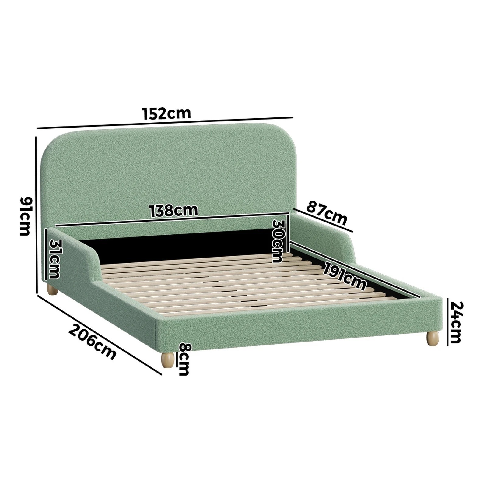 2 Oikiture Kids Bed Frame Double Size Base with Side Guard Rails Boucle - Green, 2 of 8