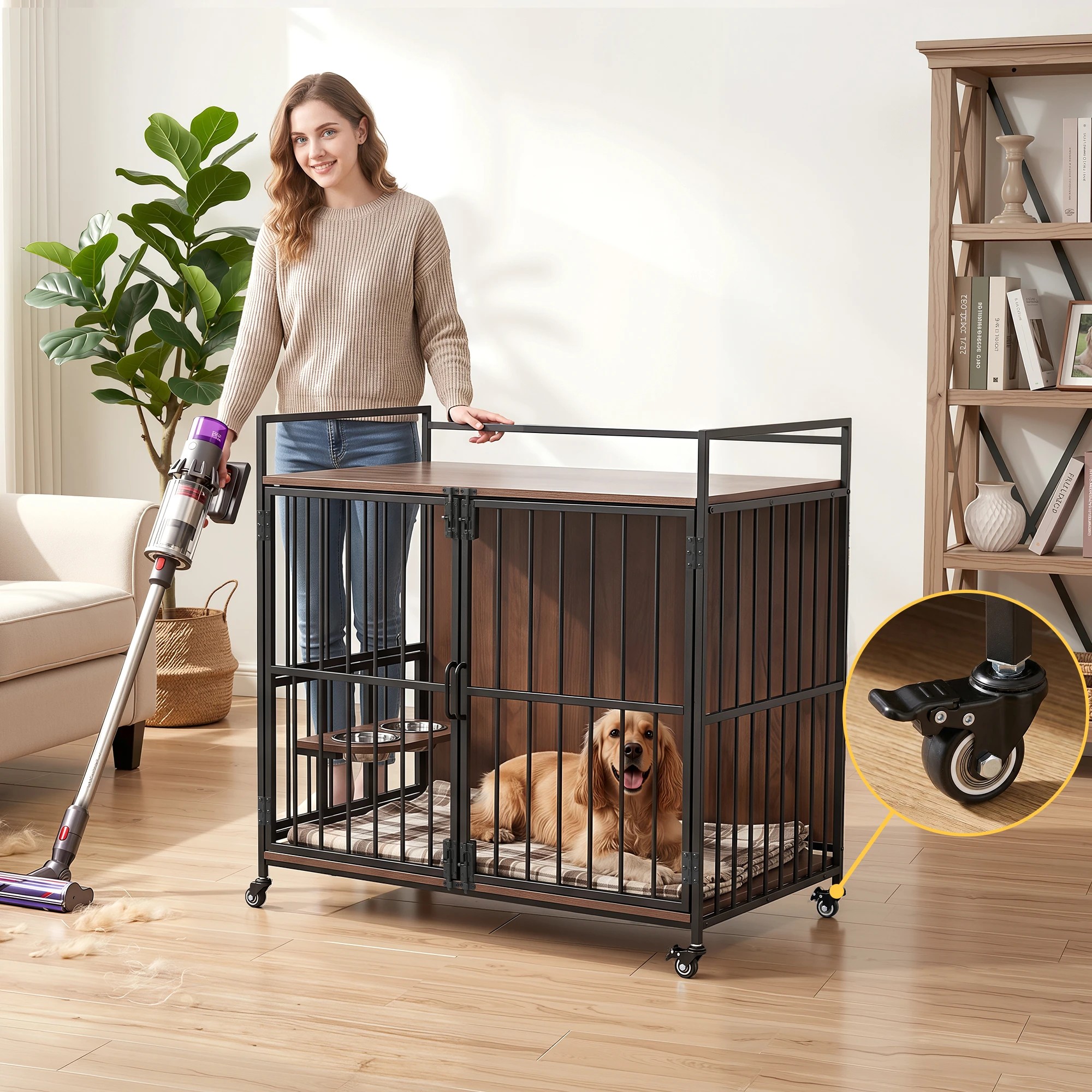 7 i.Pet 2-in-1 Wooden Dog Crate 99cm Pet Cage Furniture End Table Wheels - Multi, 7 of 7