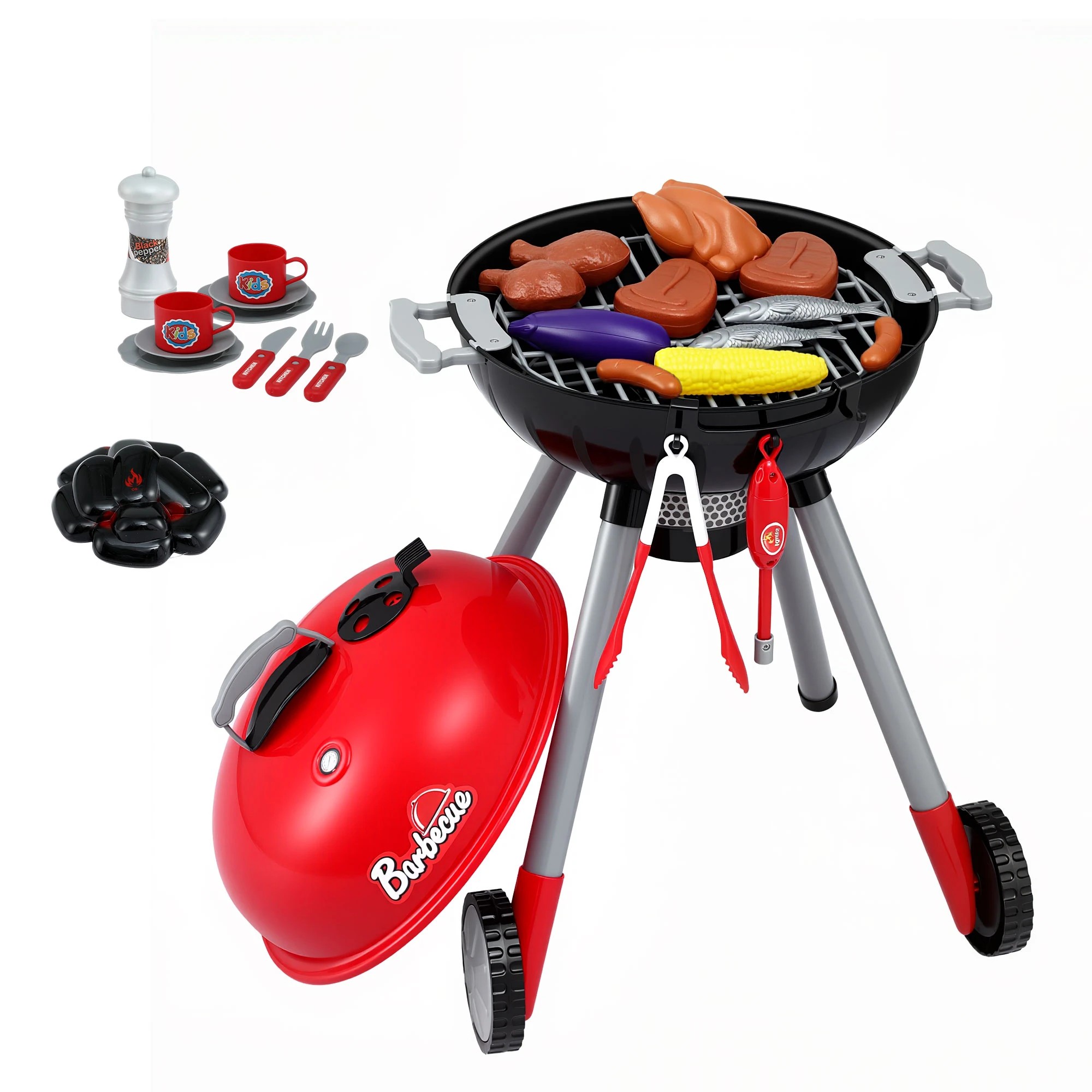 1 Keezi Kids Pretend Kitchen BBQ Playset Role Play Toy charcoal Play Food utensils seasoning bottle - Multi, 1 of 8