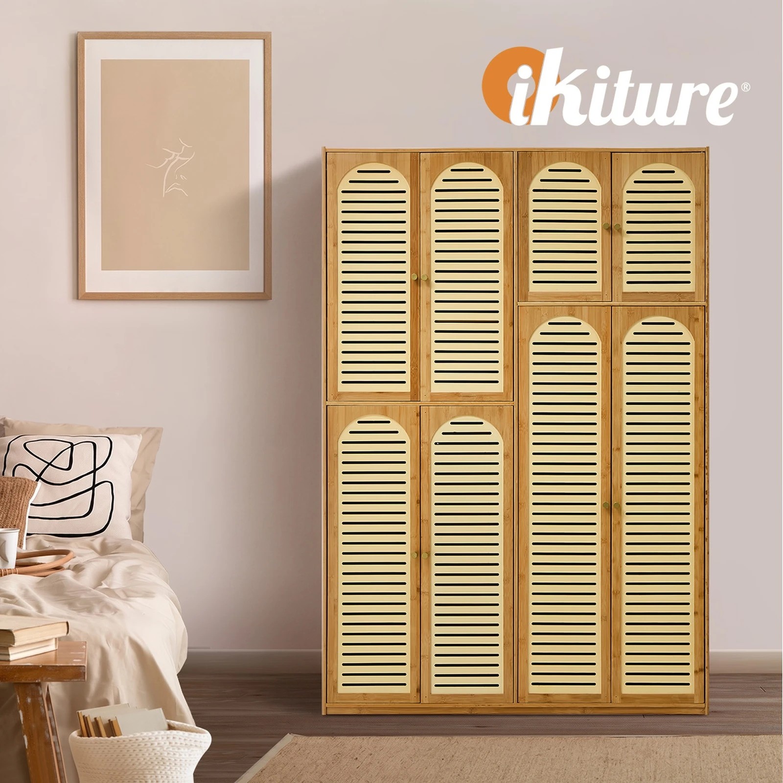 5 Oikiture Bamboo Wardrobe Large Clothes Storage Cabinet 8 Doors with 7 Shelves - Natural, 5 of 5