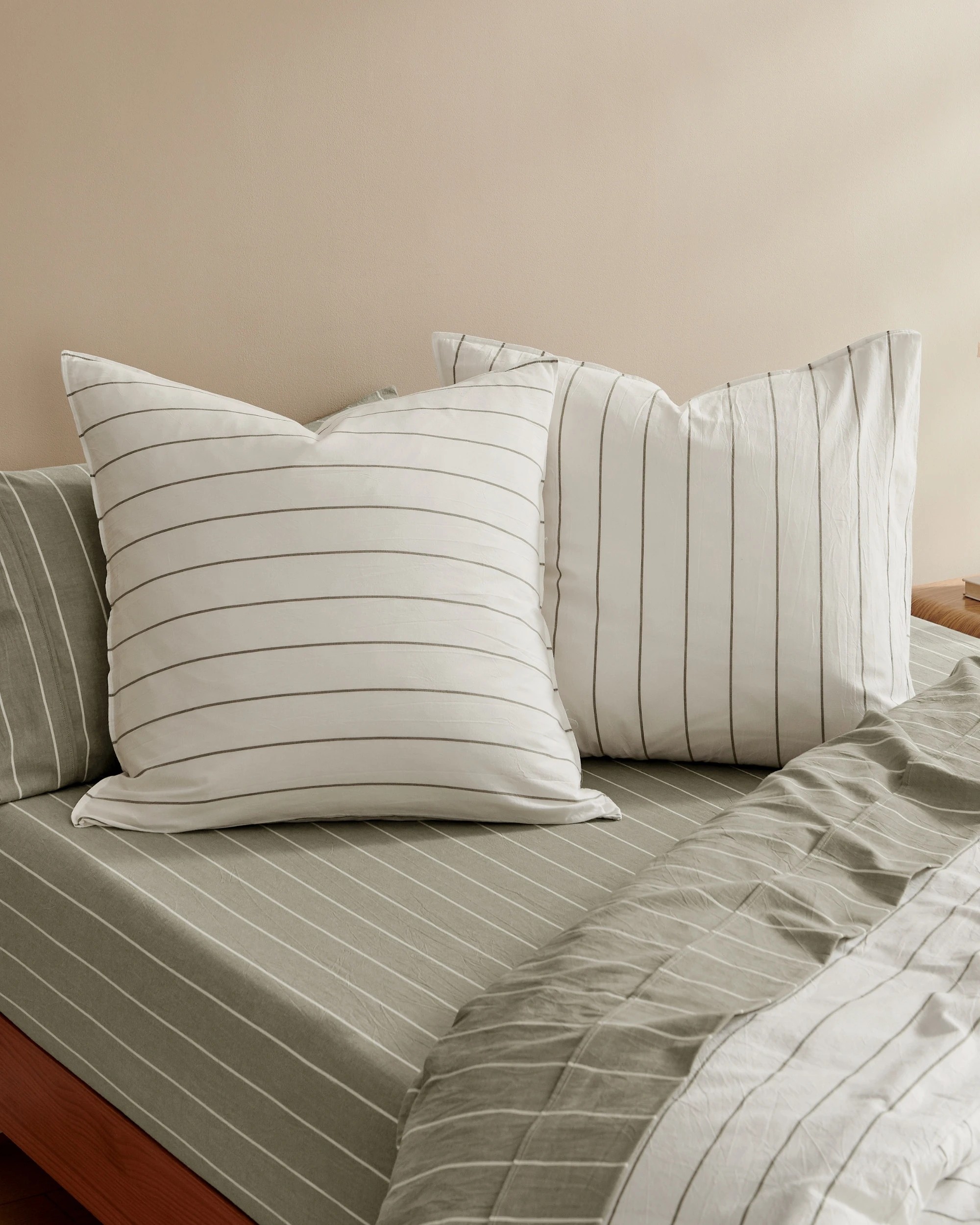 1 Dreamaker Rumi Stripe Washed Cotton Reversible European Pillowcase Twin Pack - White with Olive, 1 of 4