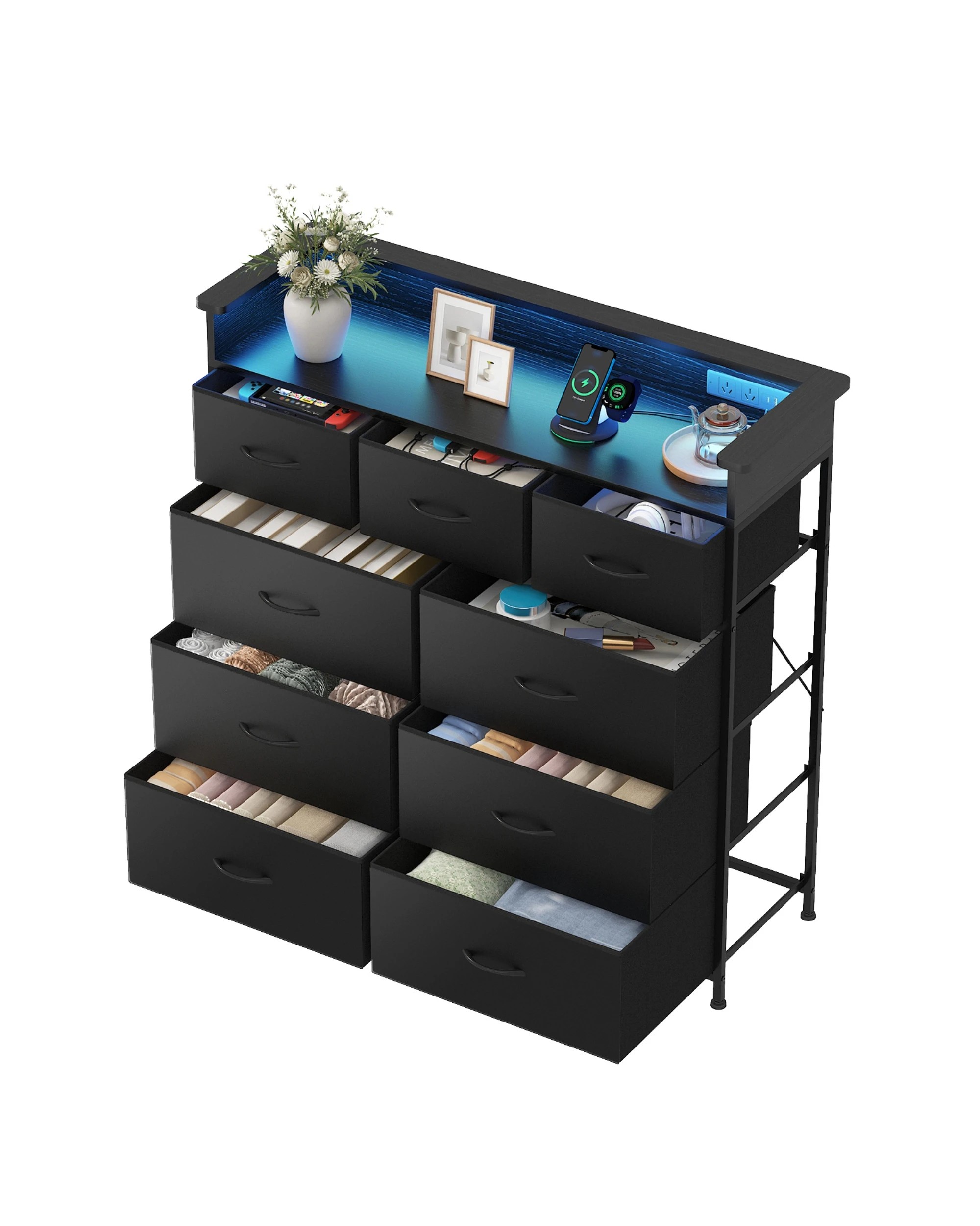 4 Advwin 9 Drawers Dresser with Open Shelf Storage Charging Station & LED Lights - Black, 4 of 8
