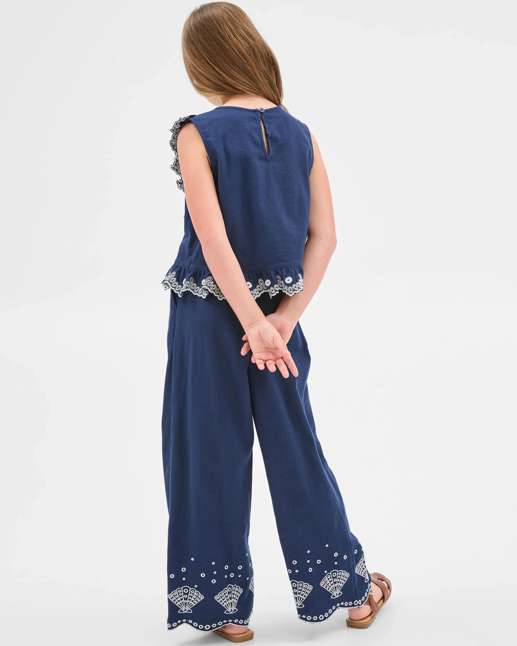 3 Target Embroidered Hem Cropped Wide Leg Chambray Pants NAVY, 3 of 7