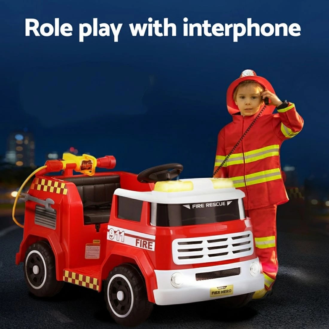 3 Rigo Kids Ride On Car Electric Fire Engine Fighting Truck with Water Gun Music - Red, 3 of 5