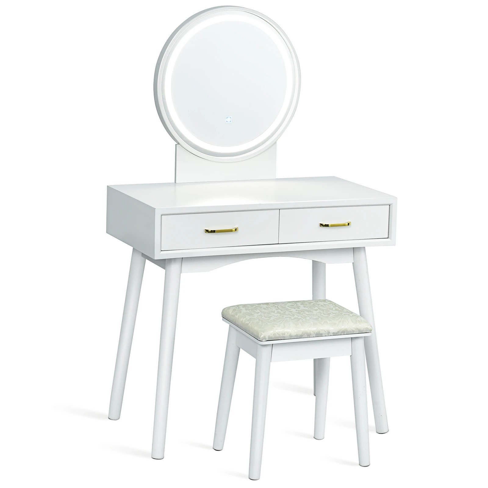 1 Costway Makeup Dressing Table Set w/3 Color Lighted Mirror Rubber Wood Vanity Table Set, 1 of 1