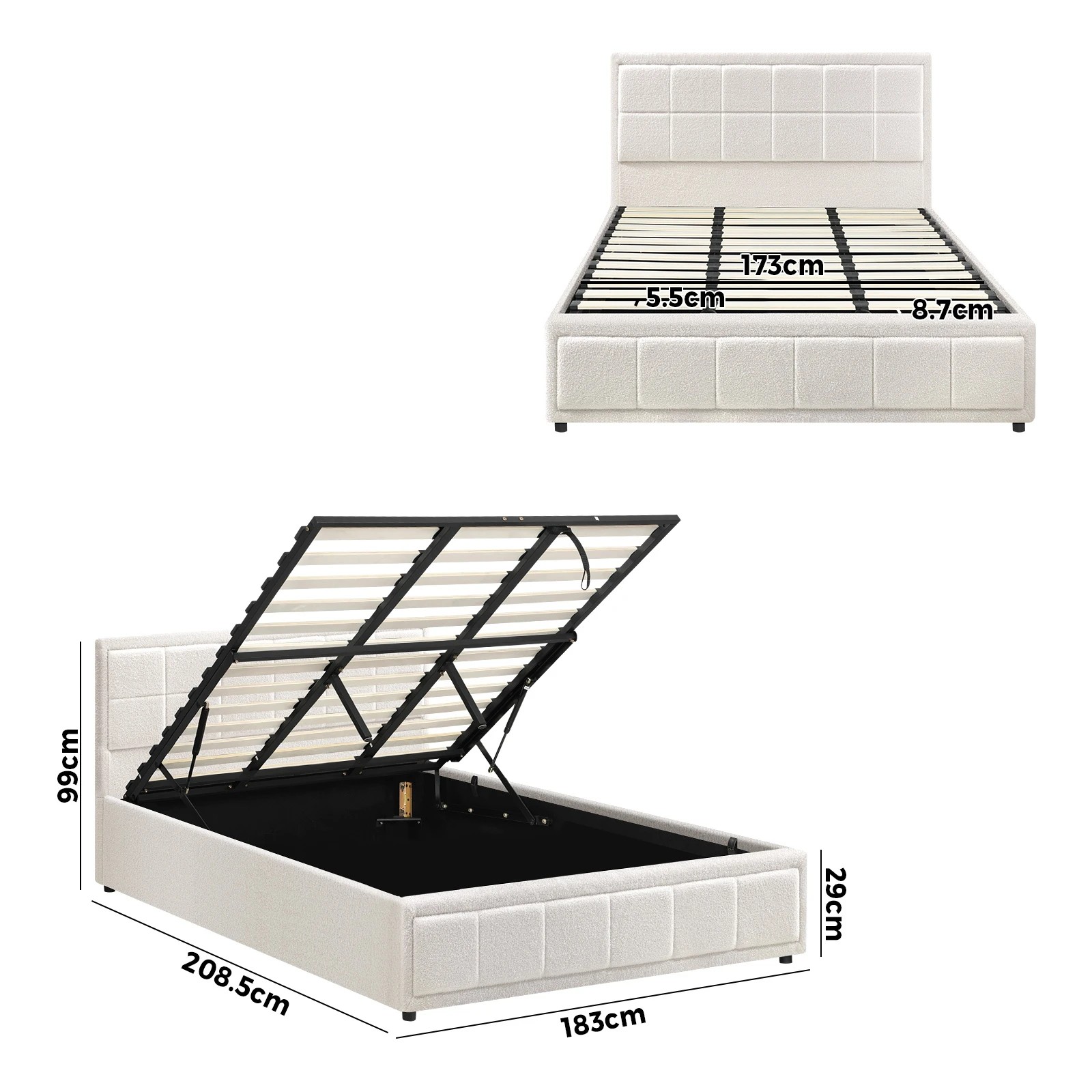 2 Oikiture Bed Frame King Size Gas Lift Storage Bed Platform Boucle White - White, 2 of 9
