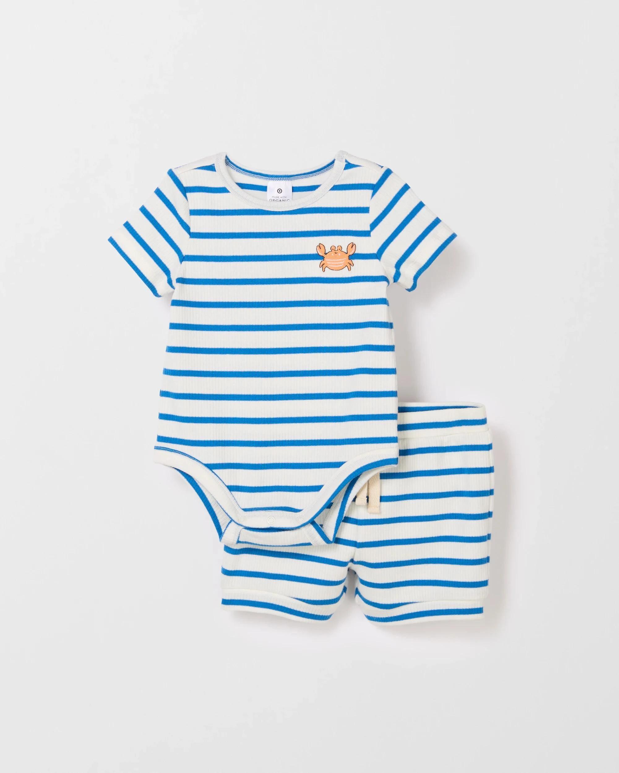 1 Target Baby Organic Cotton Baby Bodysuit and Shorts 2 Piece Set BLUE / STRIPE, 1 of 3