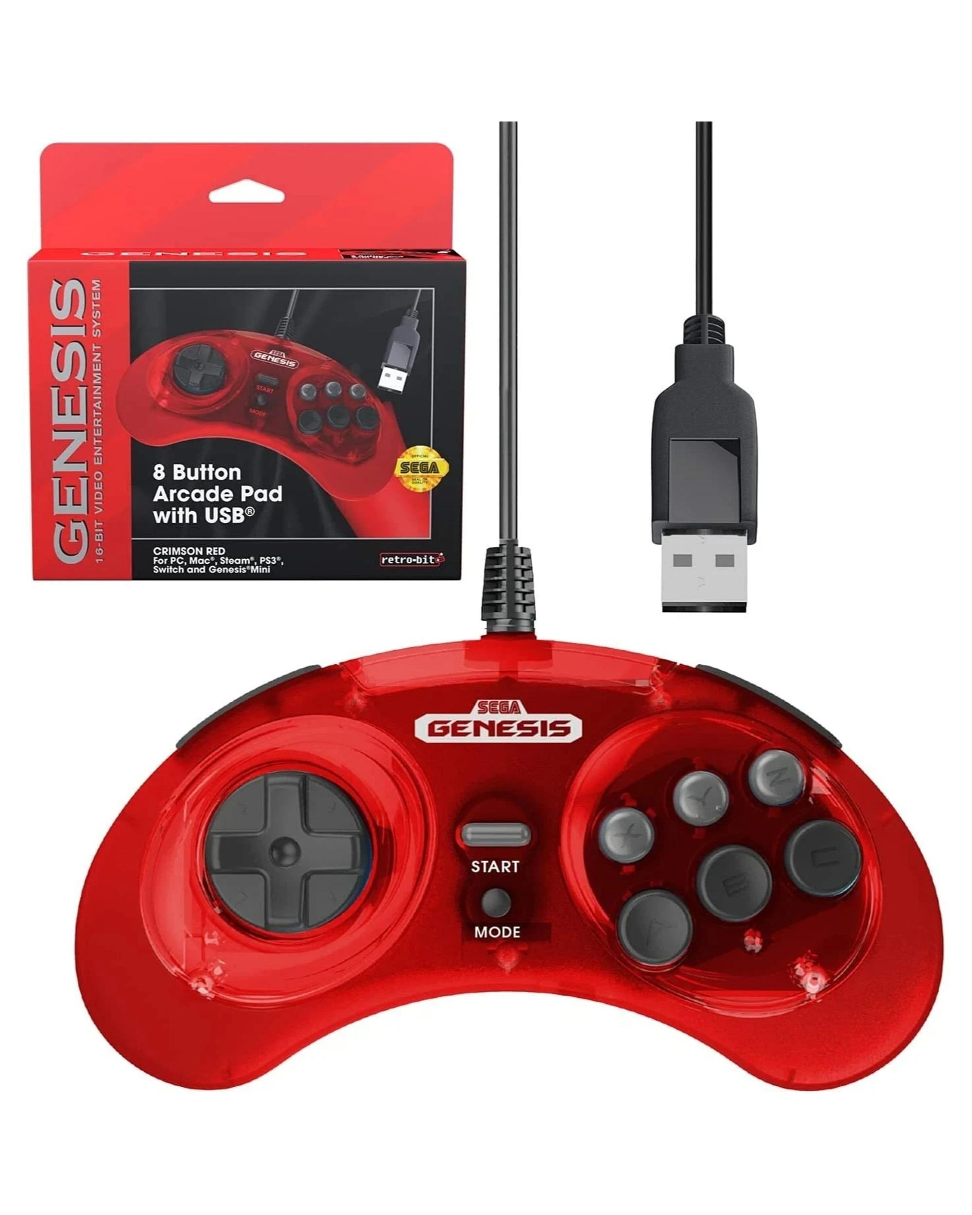 1 SEGA Genesis 8-button Arcade Pad Wired USB Gamepad For PC and Mac - Red, 1 of 4