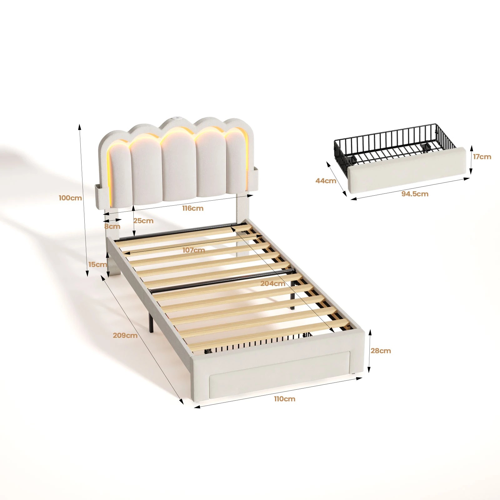 3 Advwin LED Bed Frame with Adjustable Headboard and Drawer USB Velvet King Single - Beige, 3 of 7