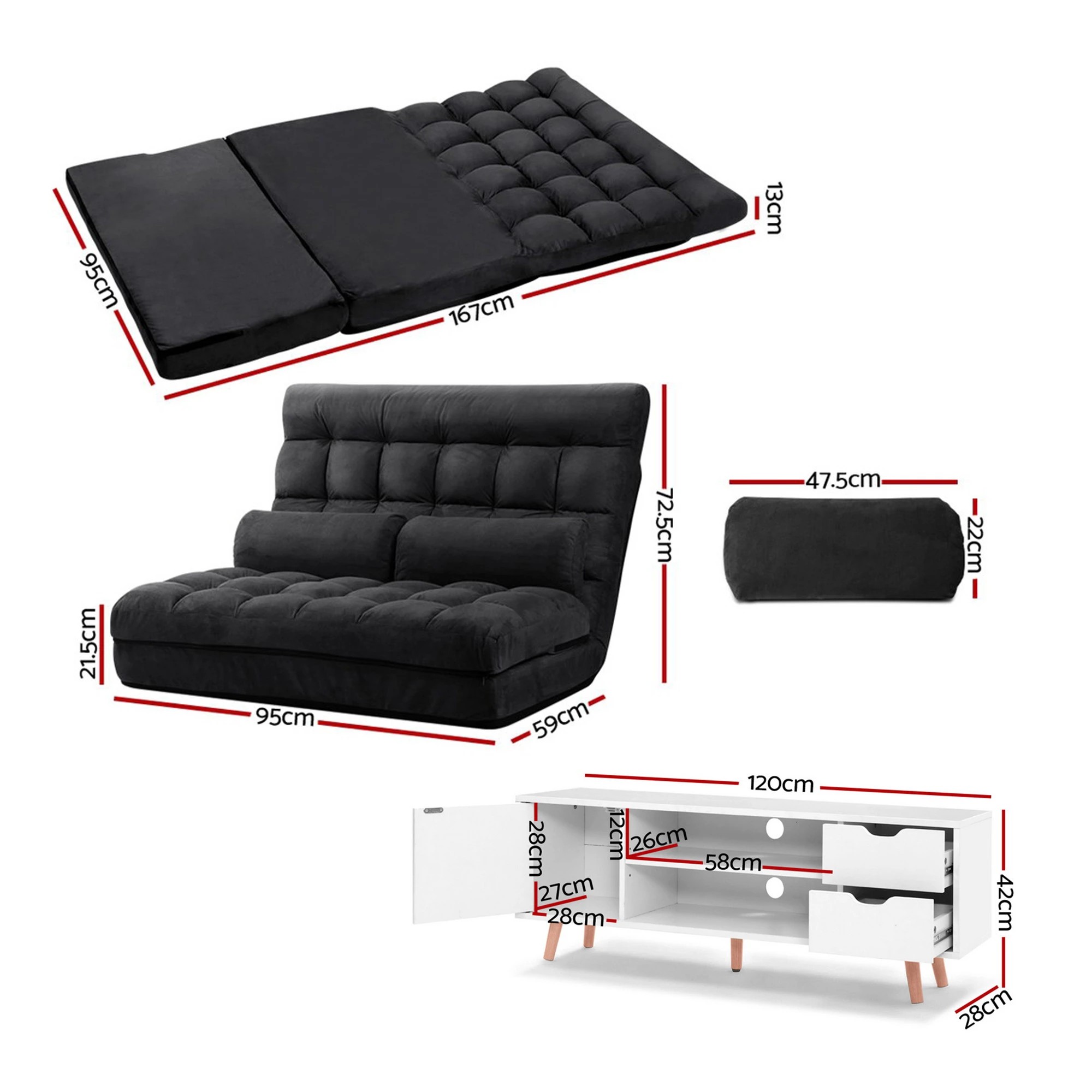 2 Artiss Sofa Bed Adjustable Floor Chair & TV Unit 120cm Entertainment Cabinet Set - Multi, 2 of 9
