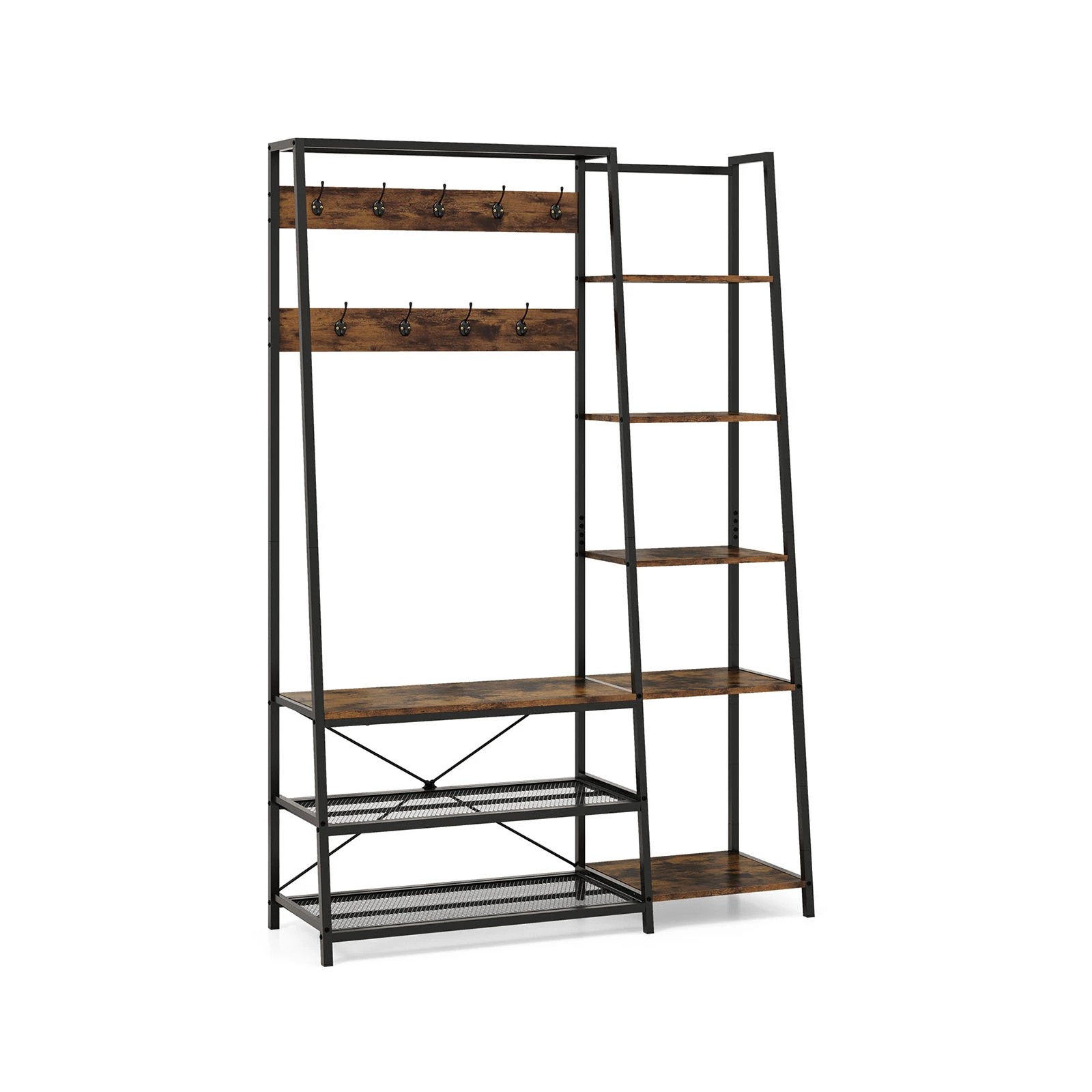 1 Costway Industrial Coat Rack Shoe Bench w/Open Storage Shelf Wardrobe Entryway Hallway Rack - Brown, 1 of 7