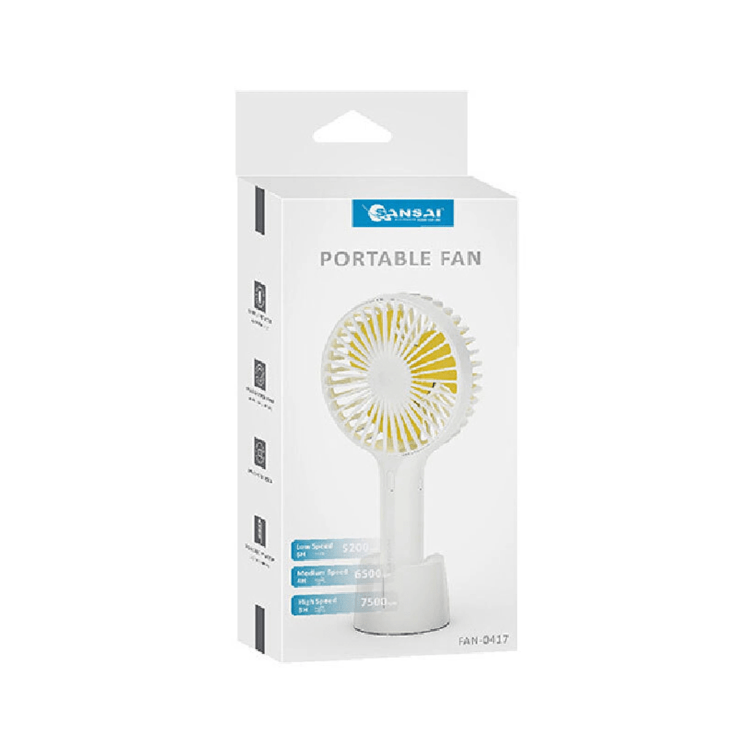 1 SANSAI Portable USB Rechargeable Fan 22x10cm Handheld 3 Speed 1800mAh With Base - White, 1 of 3