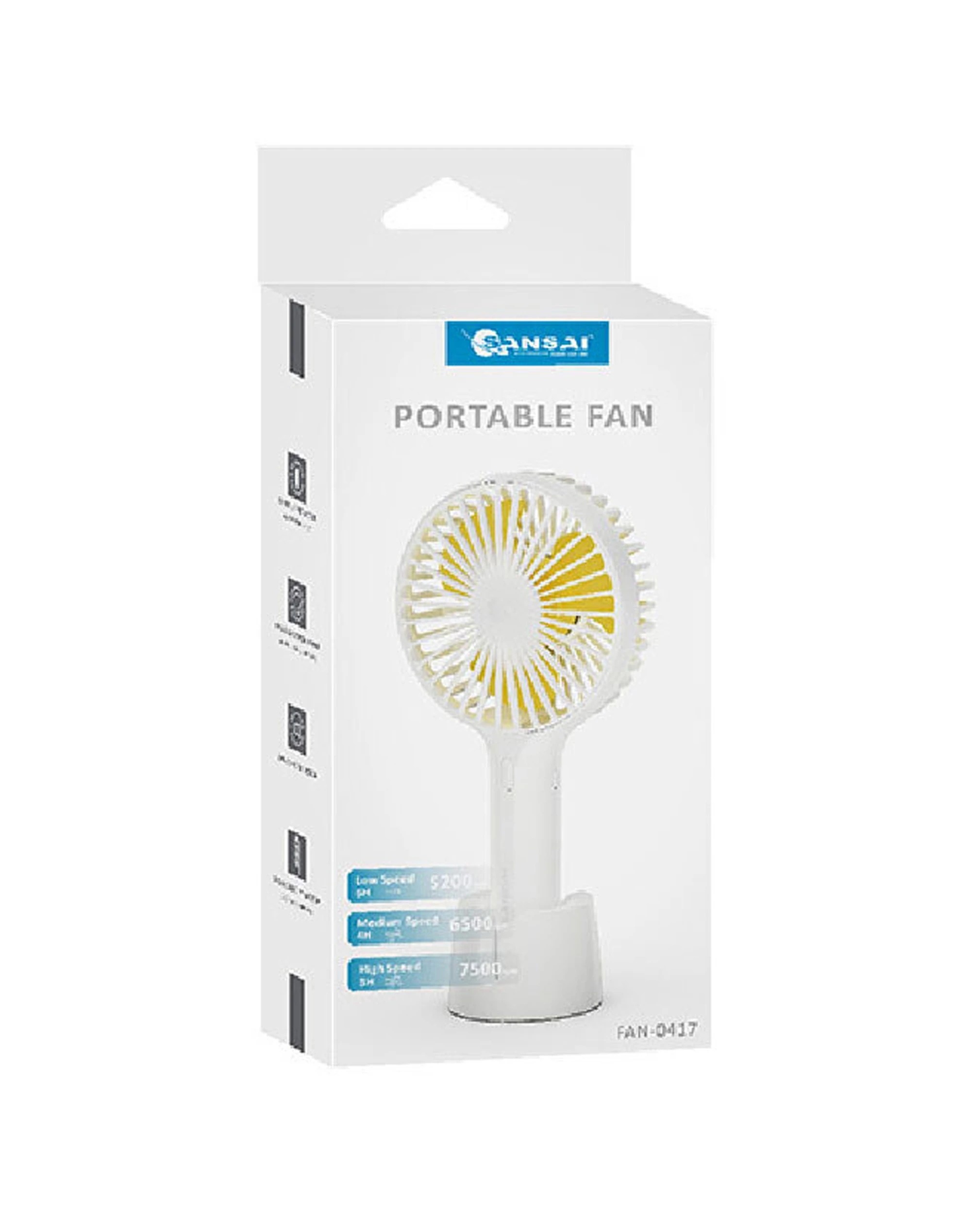 1 SANSAI Portable USB Rechargeable Fan 22x10cm Handheld 3 Speed 1800mAh With Base - White, 1 of 3