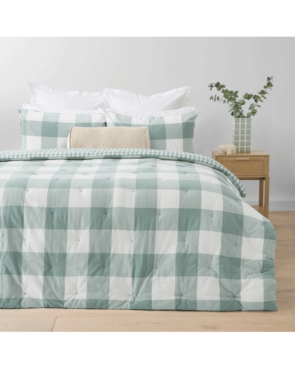 Check Cotton Cover Reversible Comforter Set - Queen Bed, Green and White