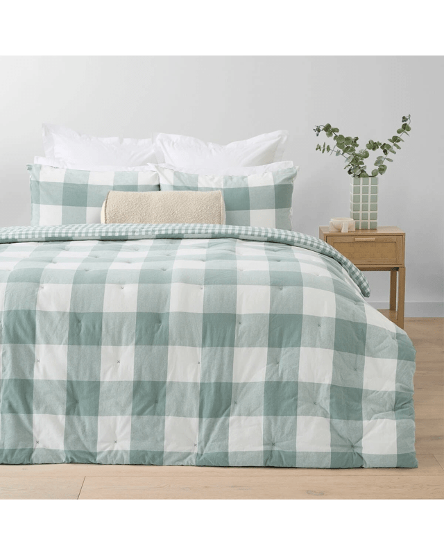 Check Cotton Cover Reversible Comforter Set - Queen Bed, Green and W