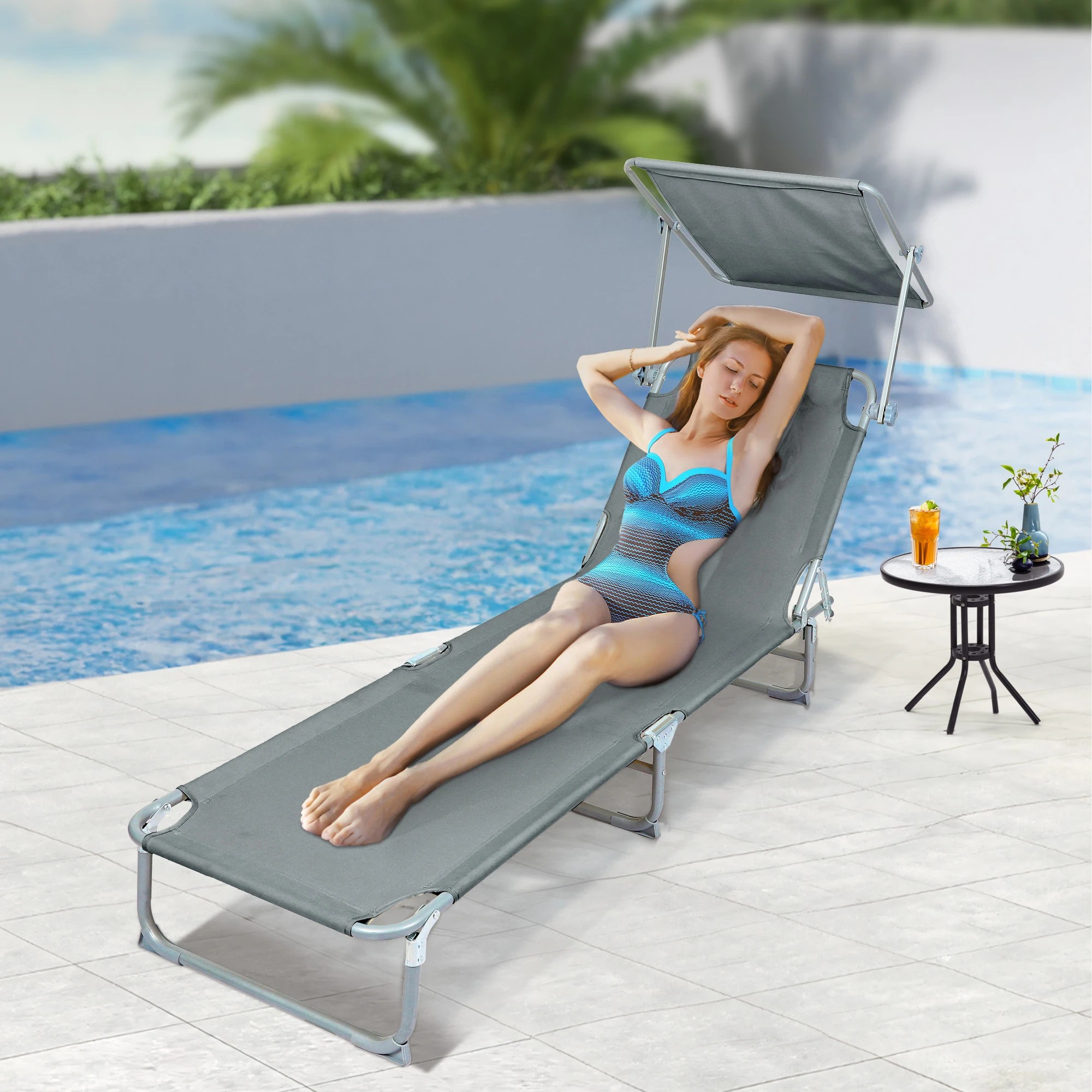 8 Levede Reclining Lounge Folding Sun Beach Chair with Canopy - Grey, 8 of 9