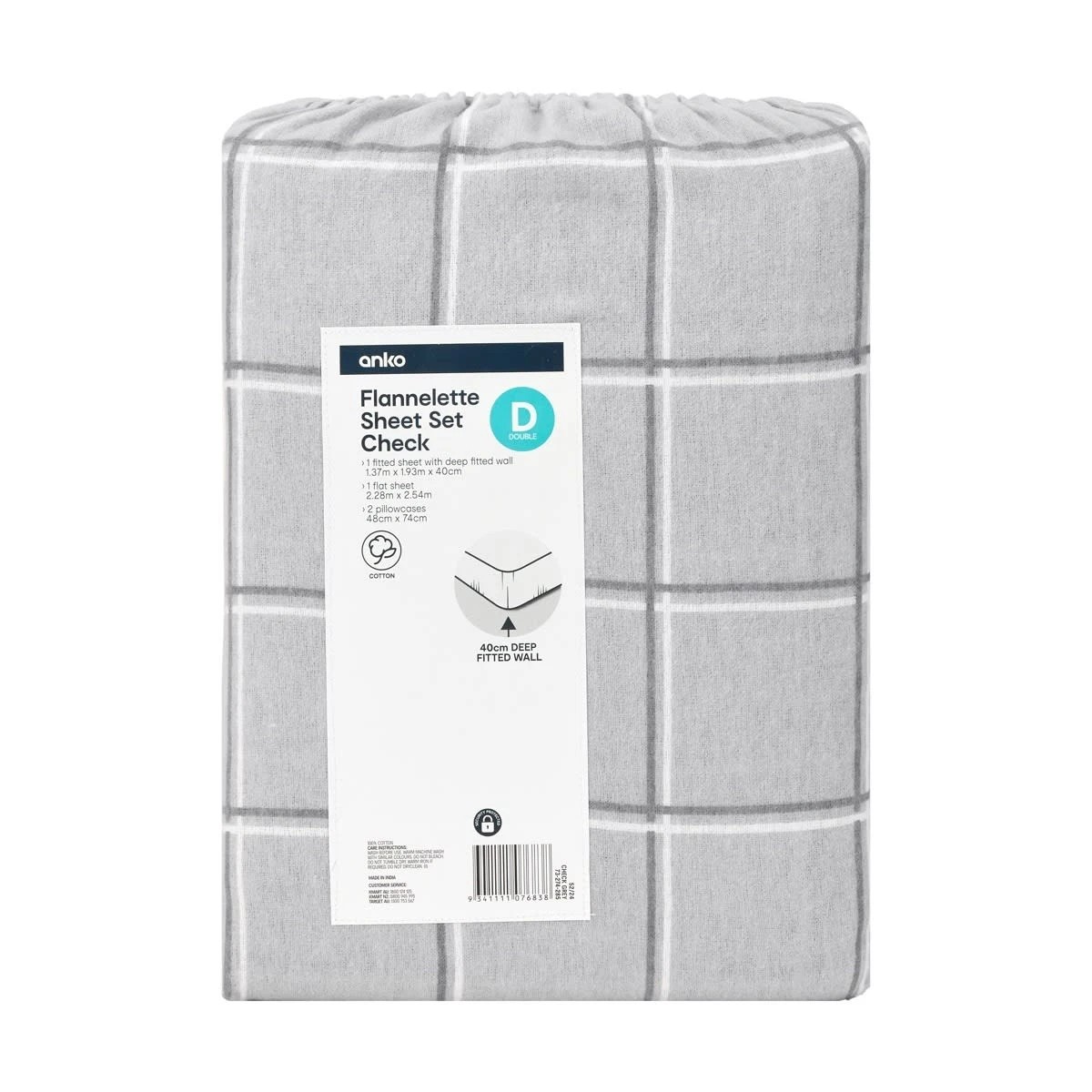 7 Check Flannelette Cotton Sheet Set - Double Bed, Grey, 7 of 7