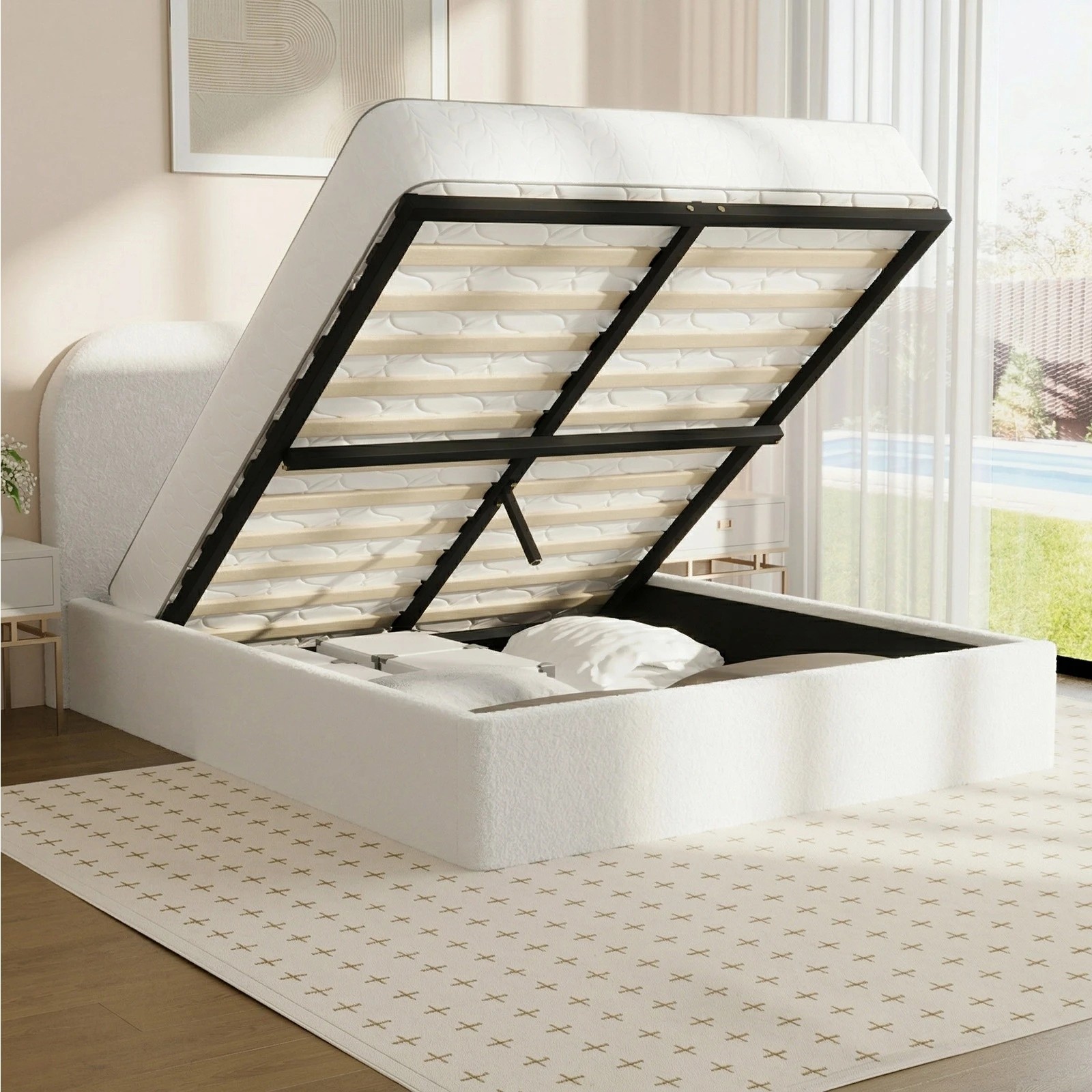 4 Oikiture Queen Bed Frame with Gas Lift Storage Mattress Base Boucle - White, 4 of 9