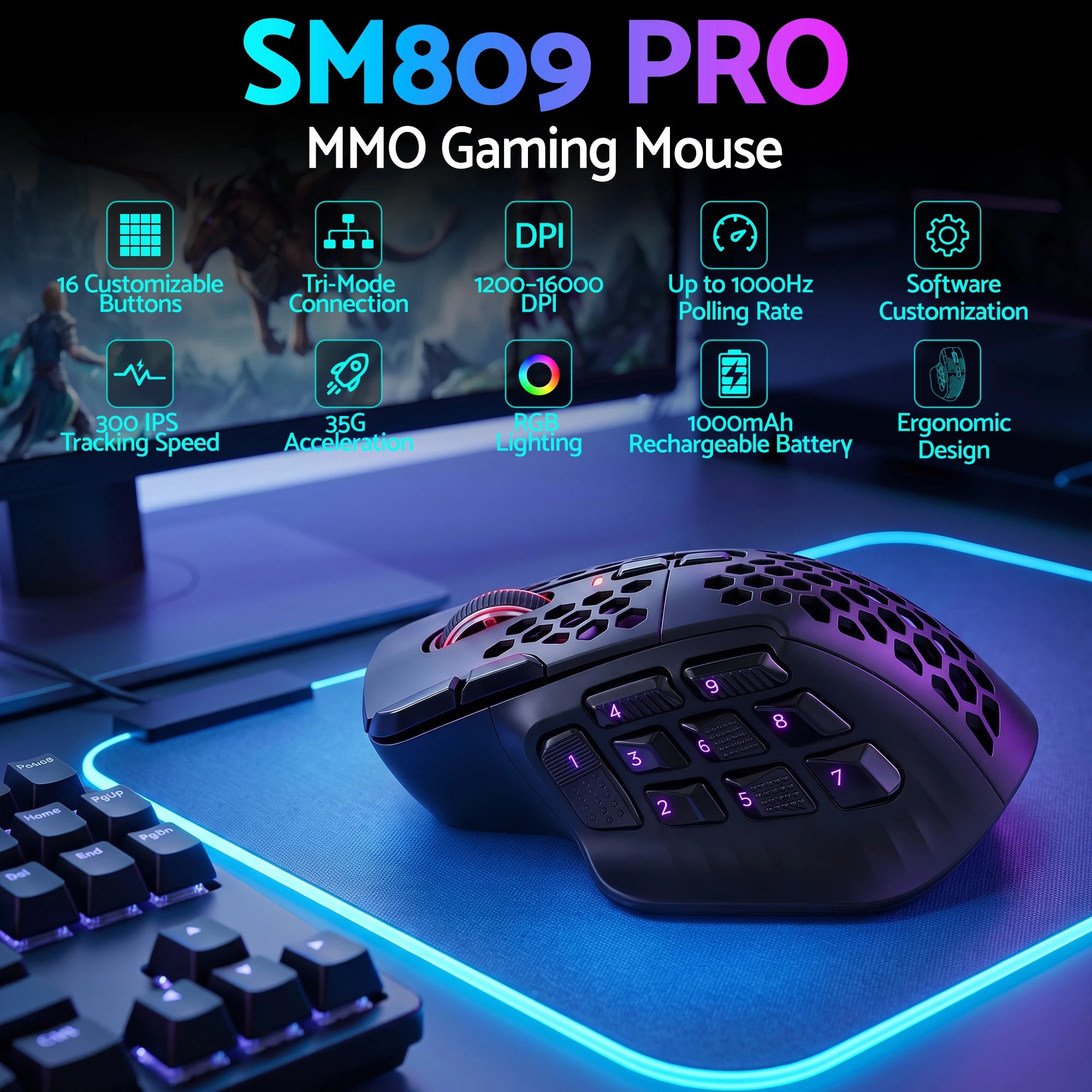 3 Solakaka Wireless MMO Gaming Mouse 16 Buttons Bluetooth 24000 DPI RGB - Black, 3 of 10