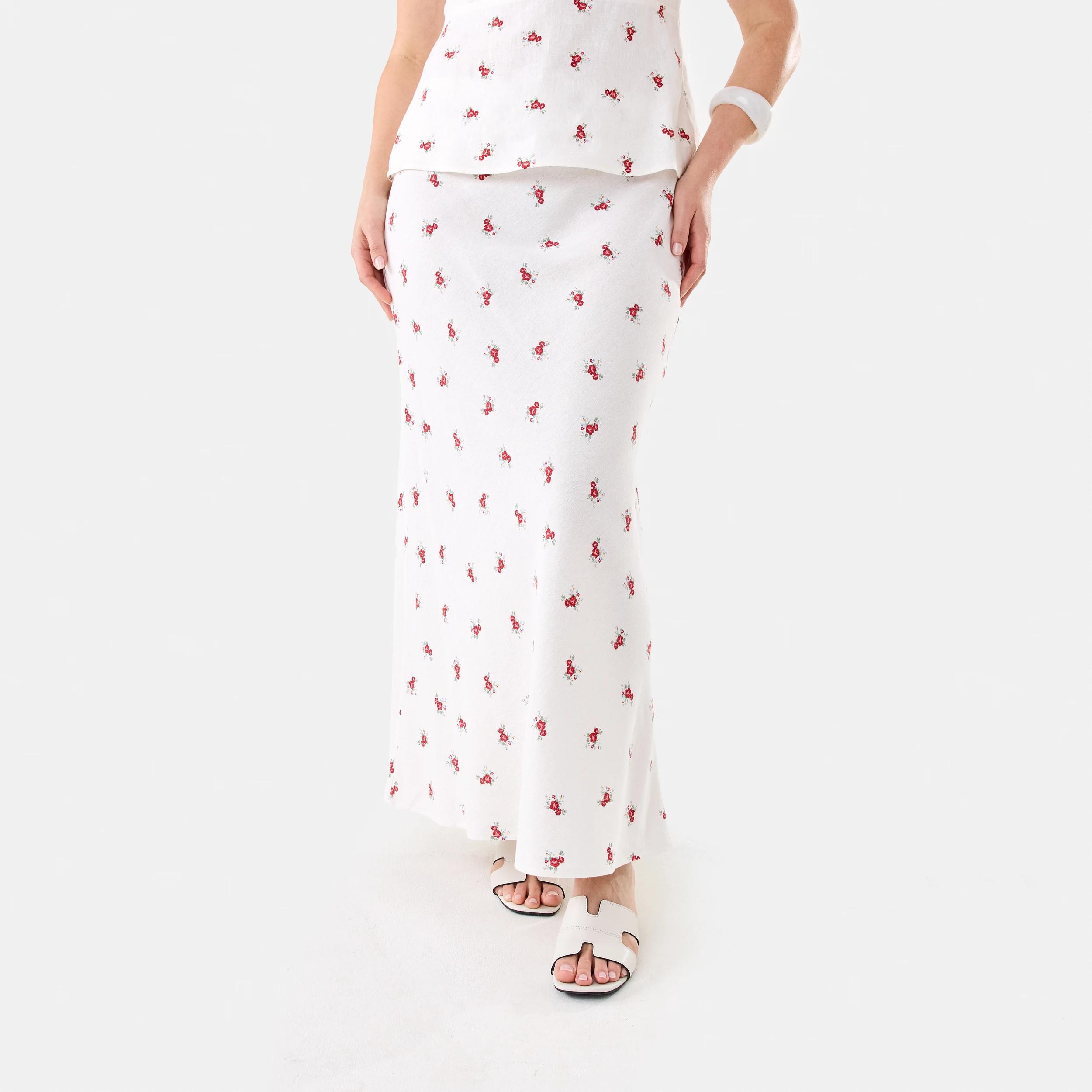 1 Linen Blend Tie Waist Maxi Skirt Rose Ditsy, 1 of 5