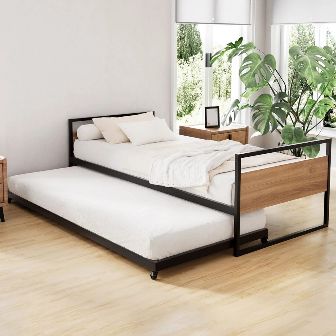 3 Artiss Bed Frame 2x Single Size Metal Trundle Daybed DEAN - Black, 3 of 4