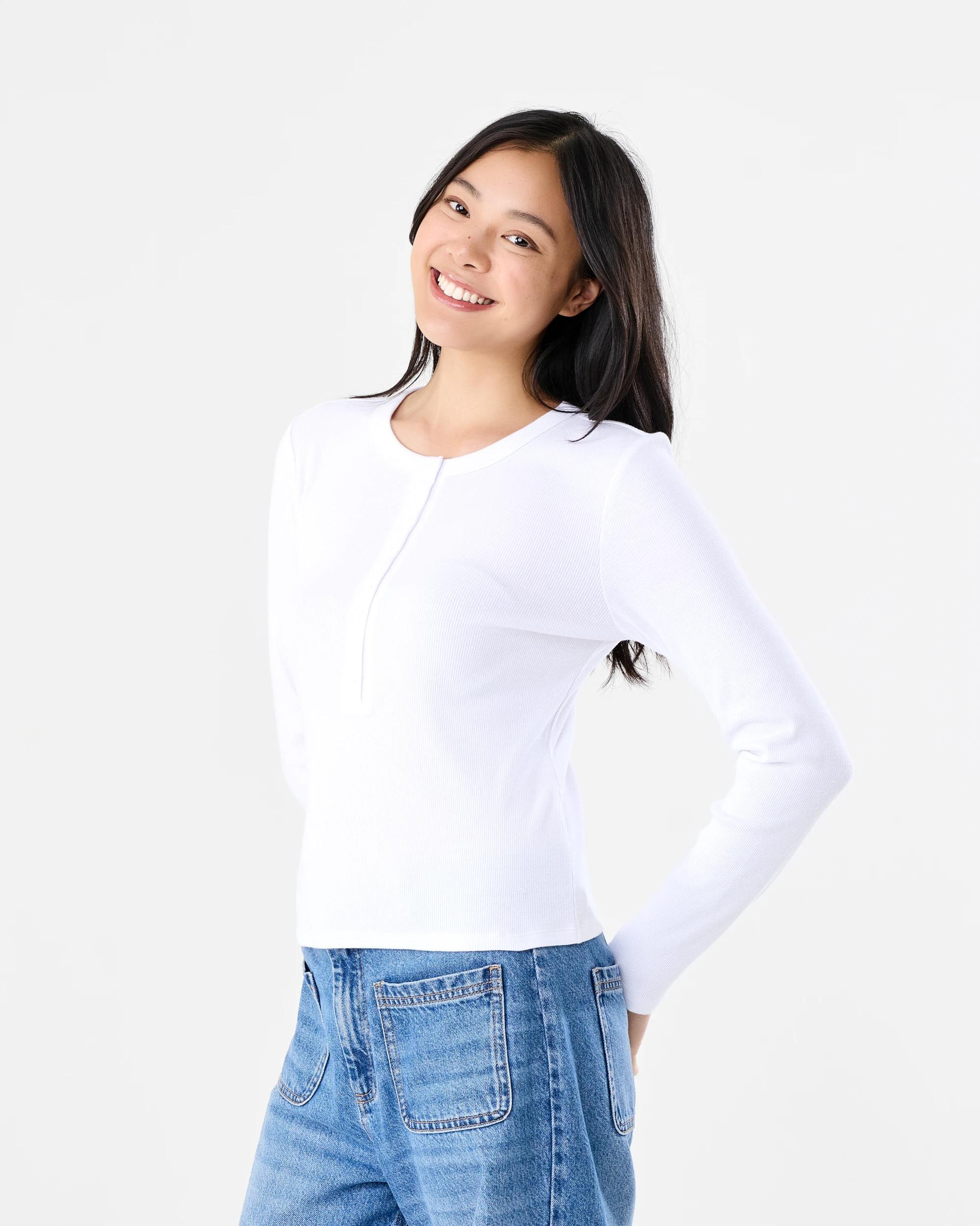 2 Long Sleeve Rib Henley Top White, 2 of 6