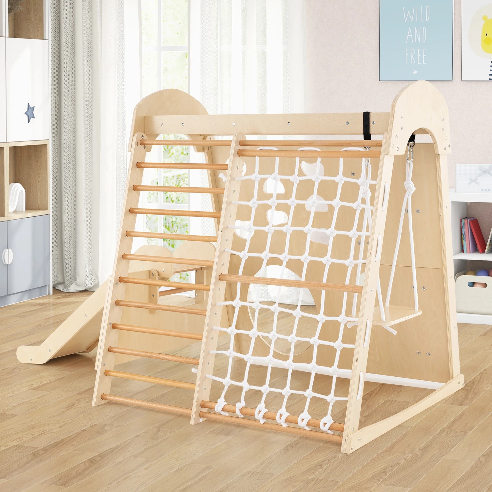 4 Costway Climb Playset 8-in-1 Indoor Wooden Climbing Wall Swing Slide, 4 of 6