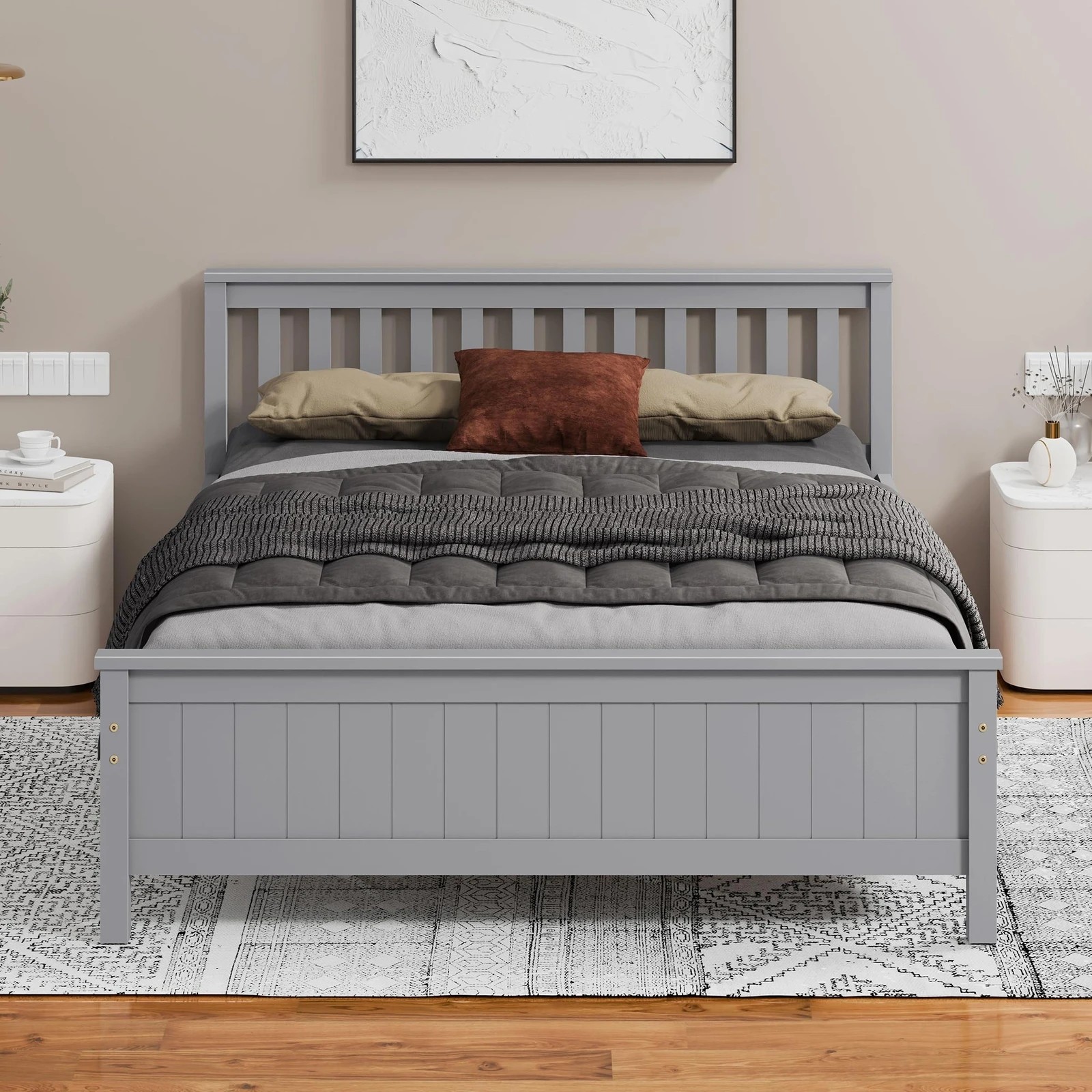 3 Alfordson Bed Frame Wooden King Size Slatted Headboard Timber Fabiano - Grey, 3 of 10
