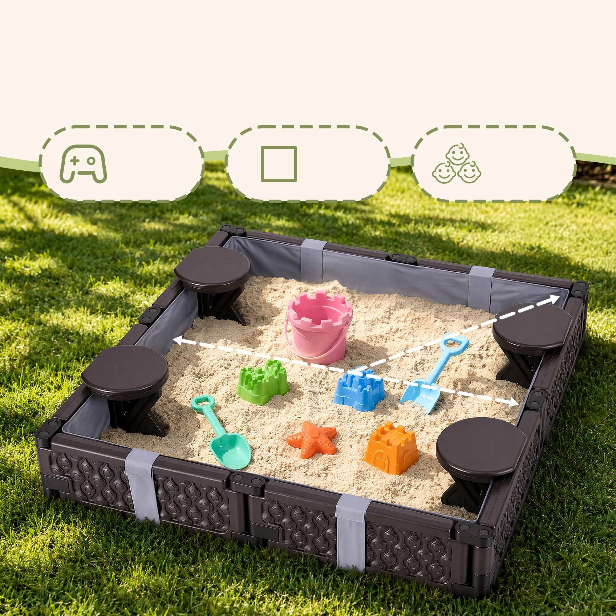 7 Keezi Kids Square Sandpit with Cover and 4 Seats - Brown, 7 of 8