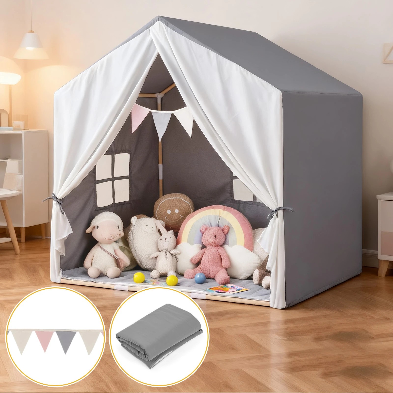 2 Costway Play Tent Playhouse Bed Tent Solid Wood Frame - Grey, 2 of 2