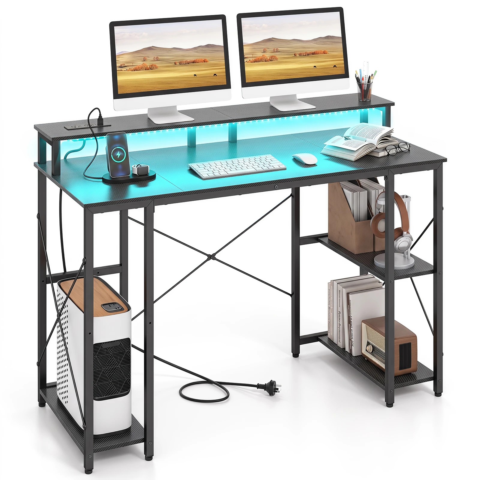5 Costway 120cm Computer Desk w/Charging Station & LEDs Workstation Gaming Table, 5 of 5