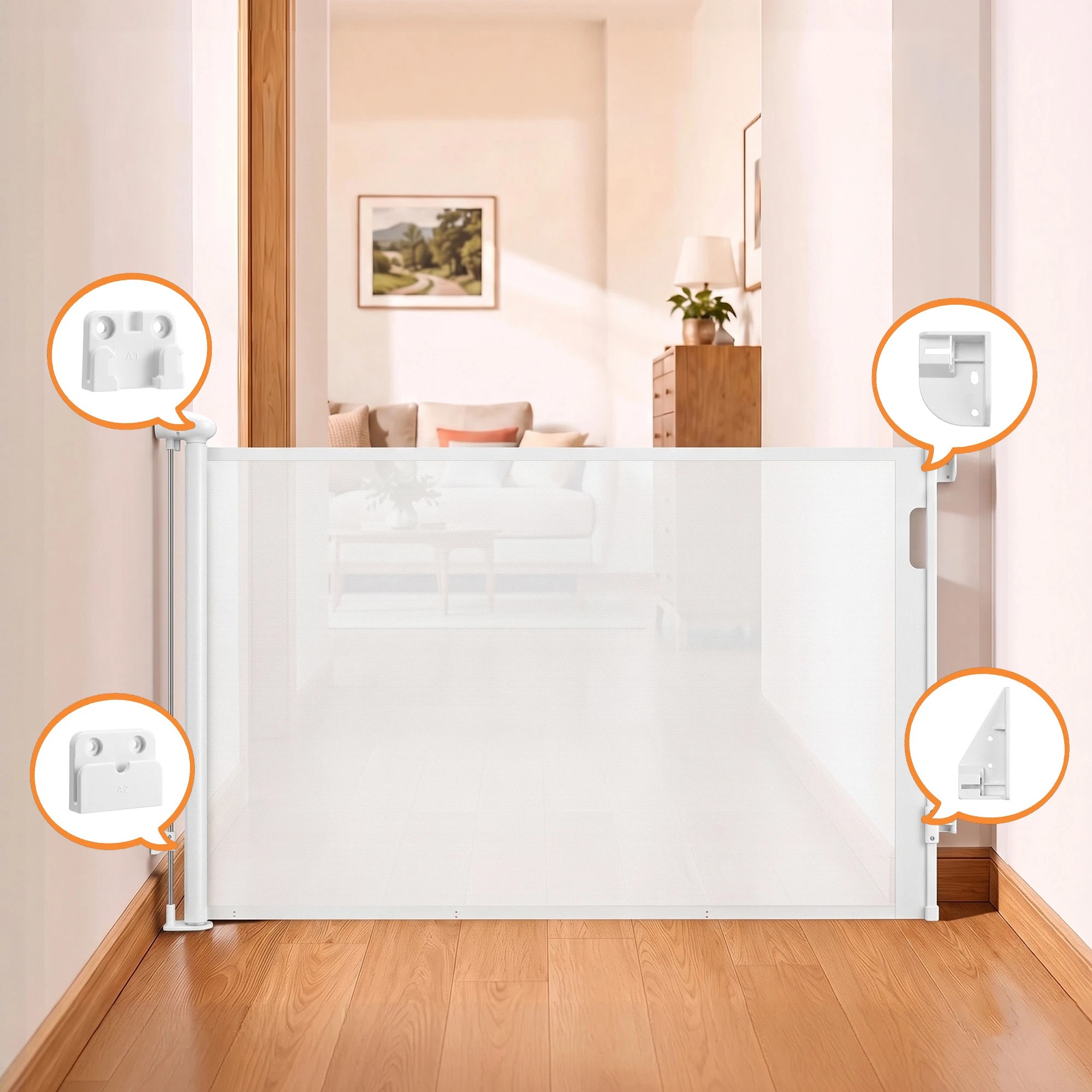8 Keezi Retractable Gate Extends up to 140cm Baby Gate Pet Safety Fence White - White, 8 of 8