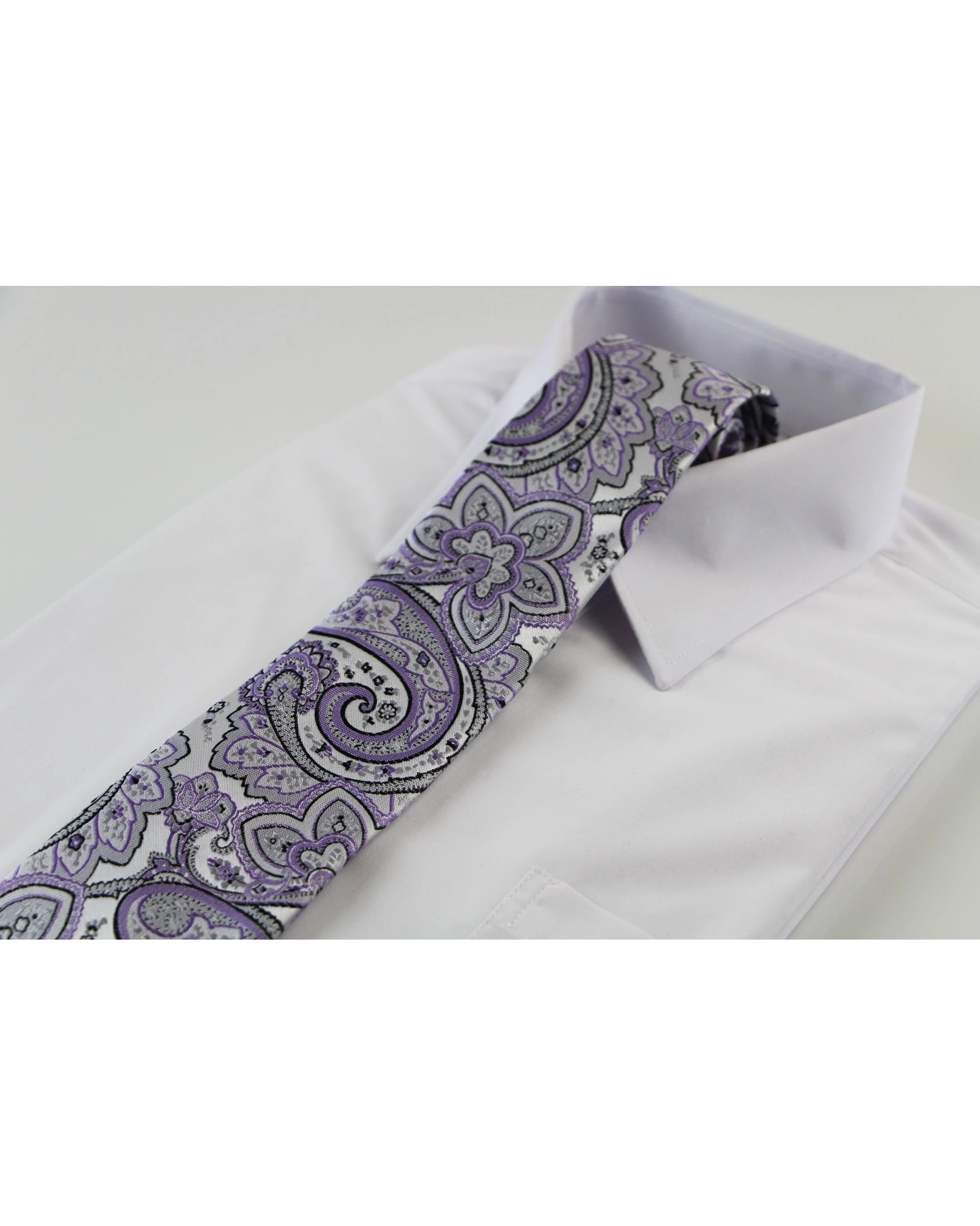 1 Zasel Mens Silver & Light Purple Boho Paisley Patterned 8cm Neck Tie, 1 of 2